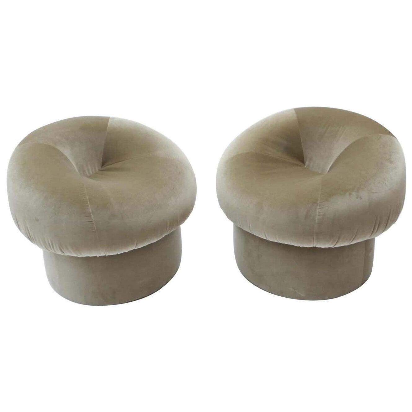 Pair of Mid-Century Modern Style Pouf or Lounge Chairs with Grey Fabric