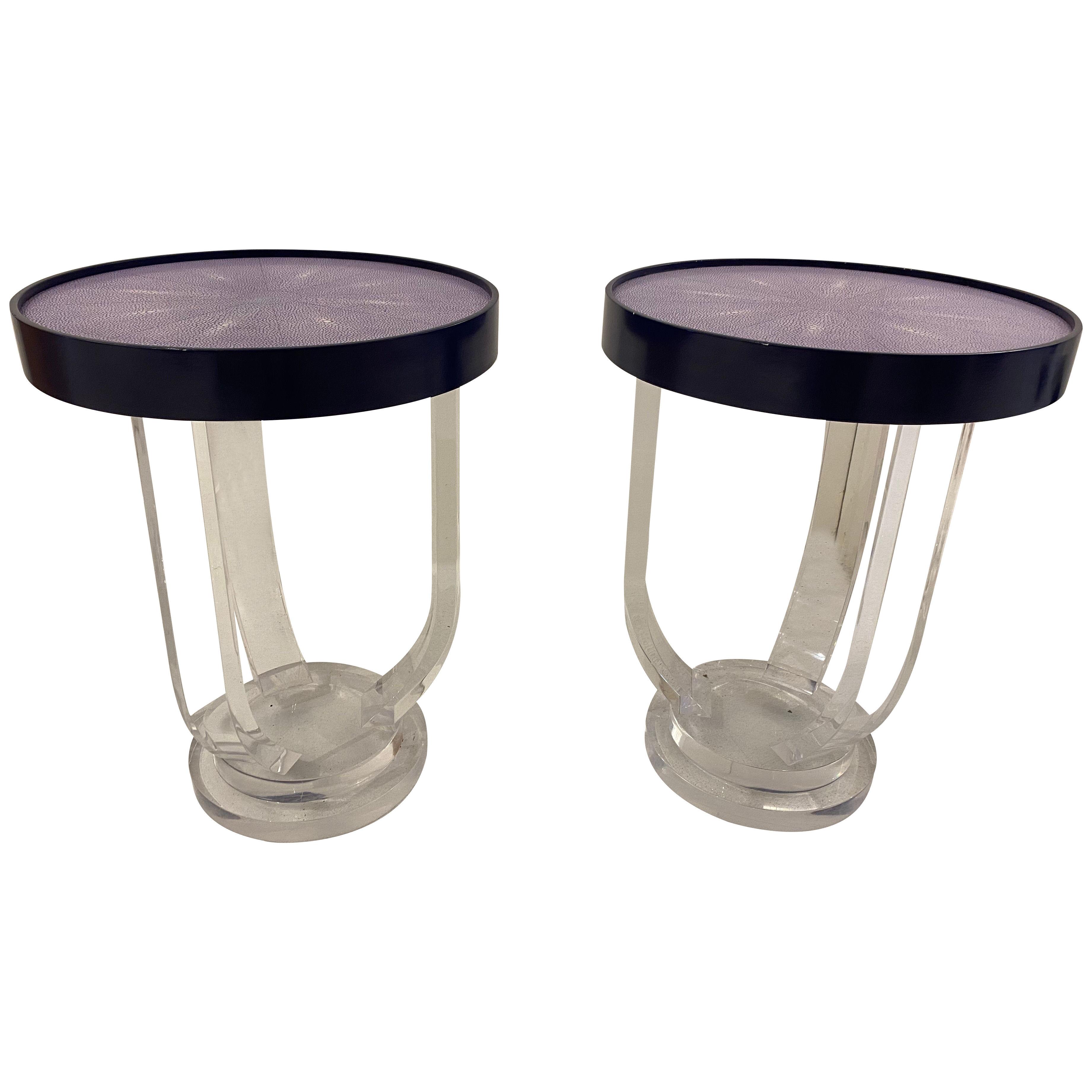 Pair of Lucite and Faux Shagreen Side Tables
