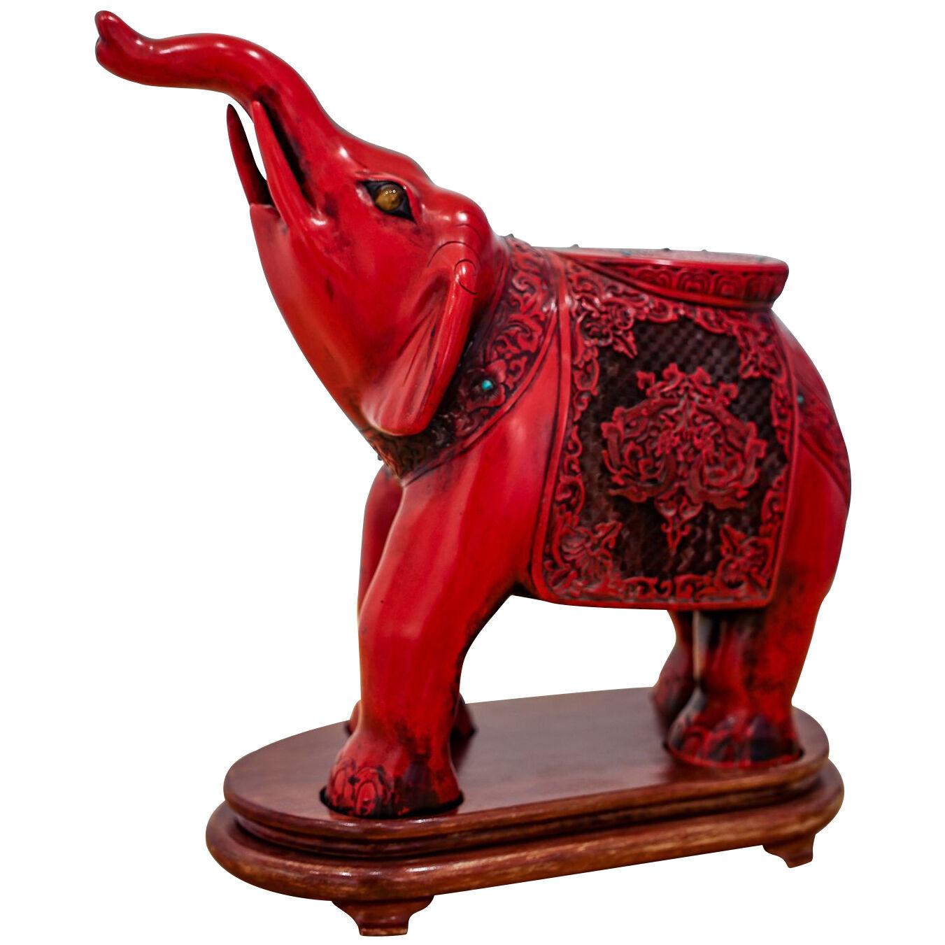 Chinese Carved Cinnabar Elephant with Semi Precious Stones
