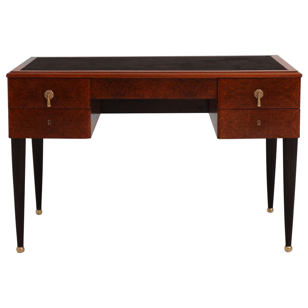 Art Deco Burlwood Desk with Fluted Legs and Brass Details