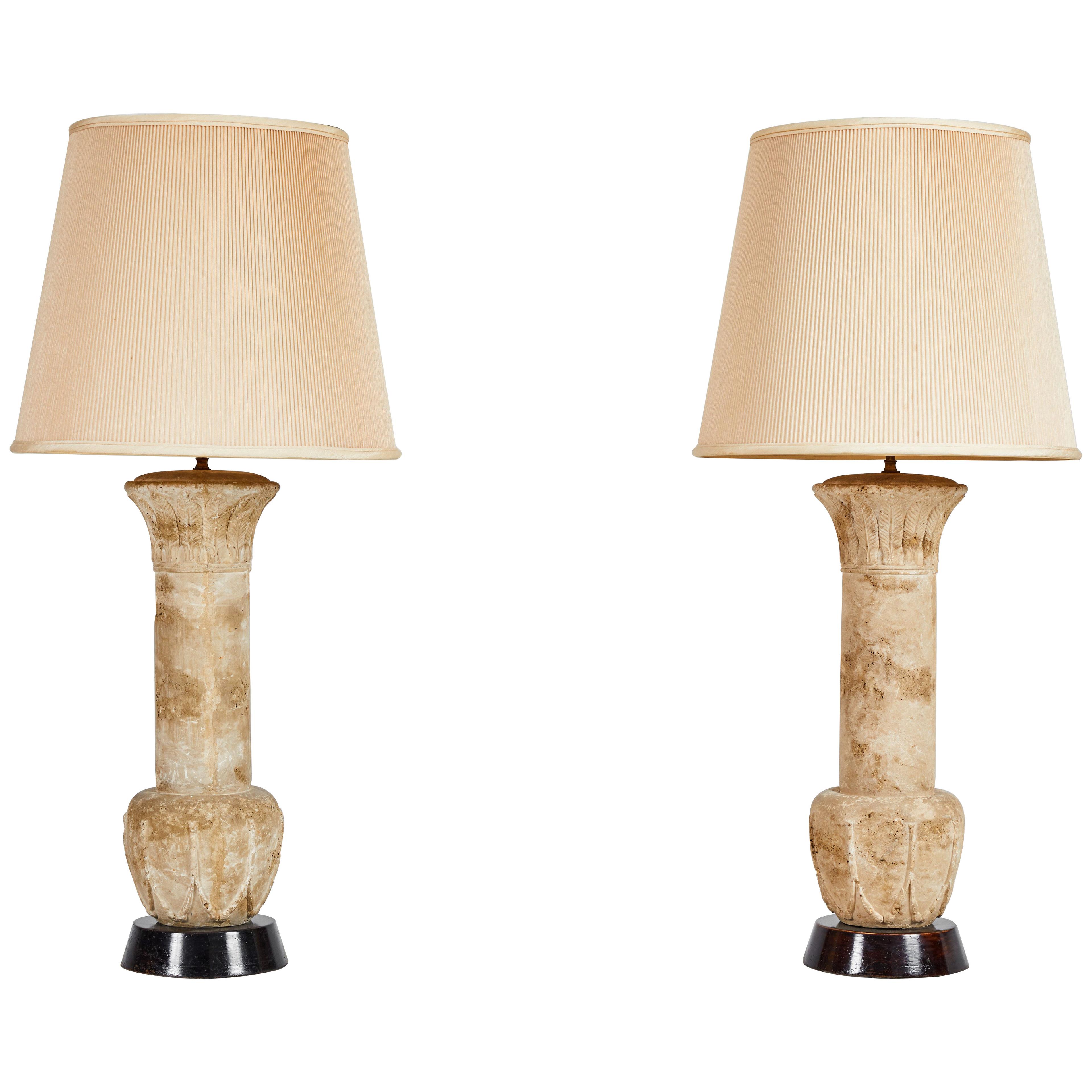  Pair of Cast Plaster Etruscan Column Lamps