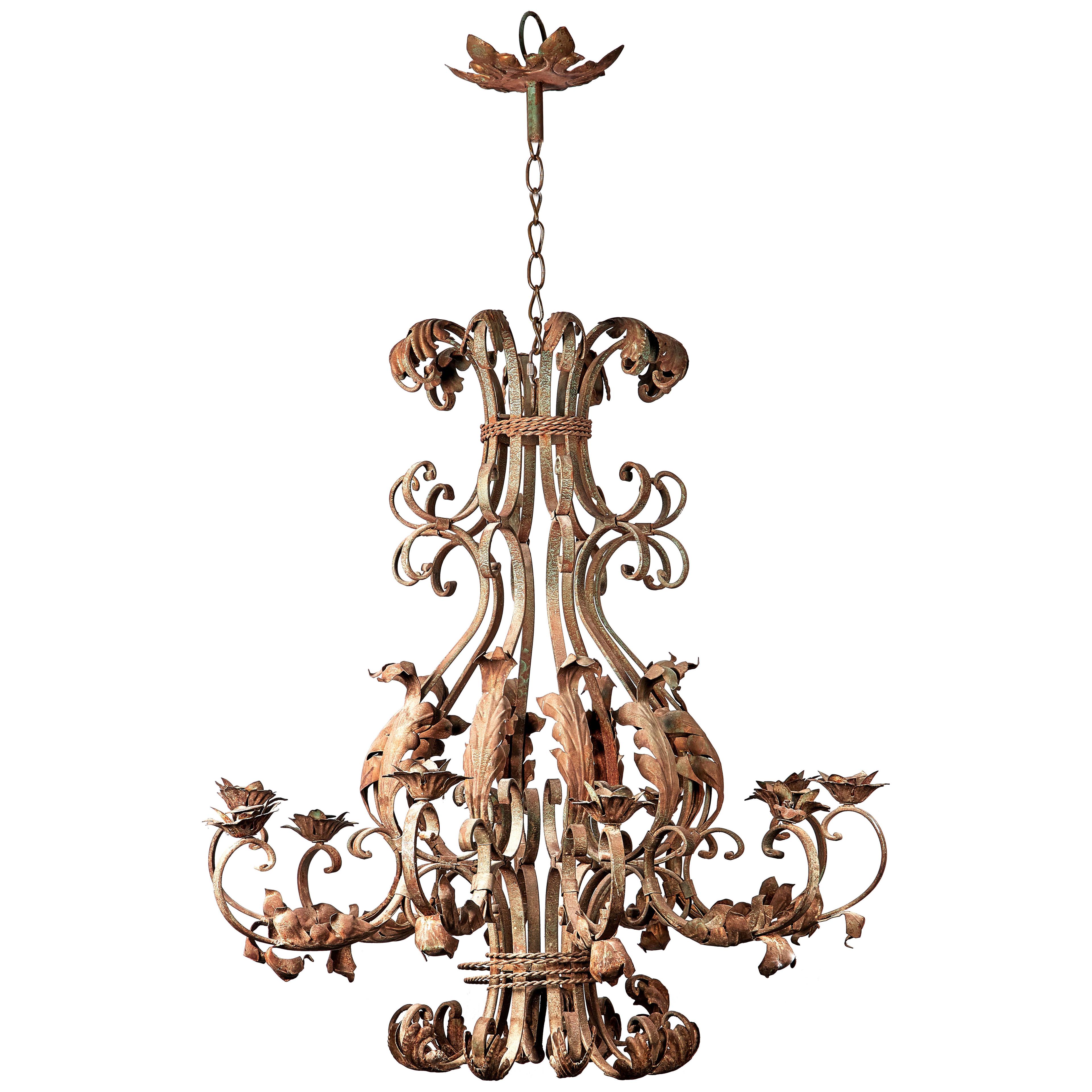 Rare extra large ornate ten branch iron chandelier