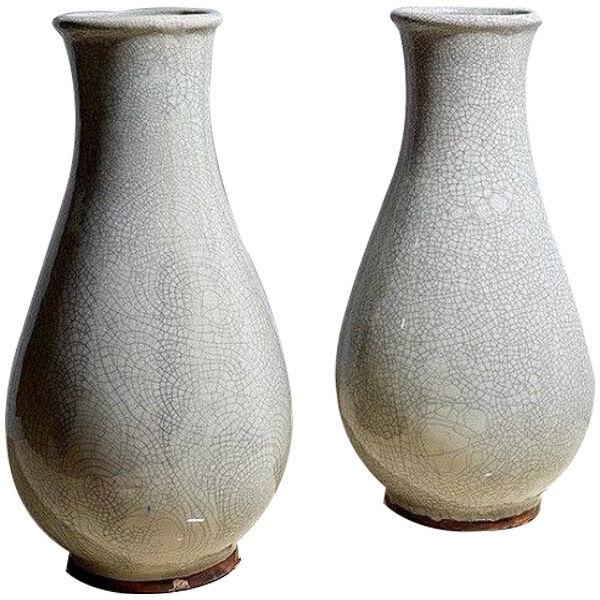 Pair of pale grey Faience crackleware vases