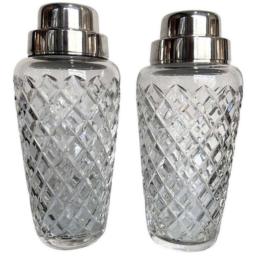 PAIR OF 1960S VAL ST LAMBERT CRYSTAL AND SILVER PLATE COCKTAIL SHAKERS