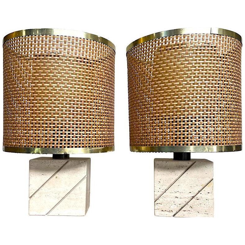 A pair of Italian 1970s travertine and brass table lamps by Fratelli Mannelli