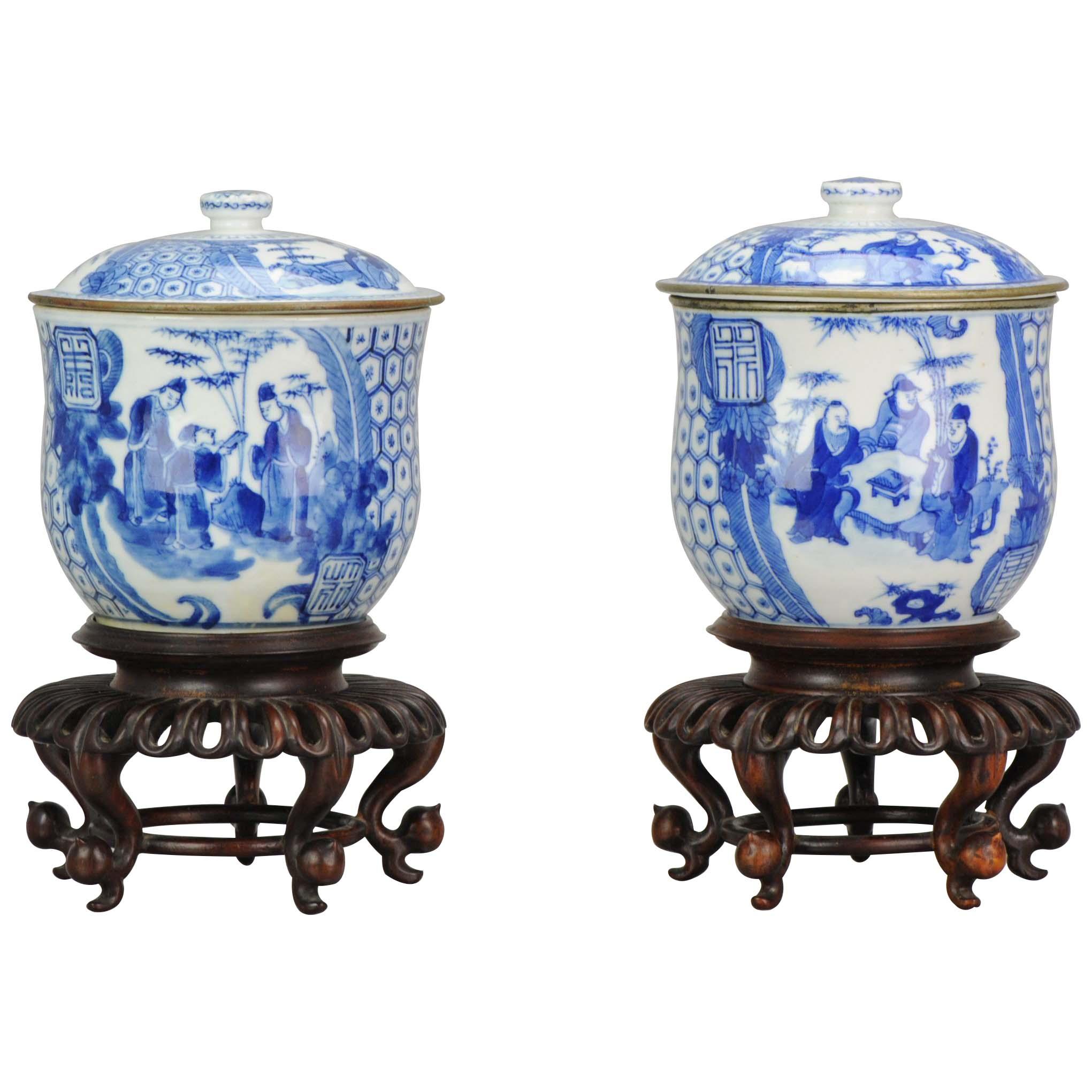 Antique Pair of Chinese 19th century Bleu de Hue Lidded Jars Vietnamese market