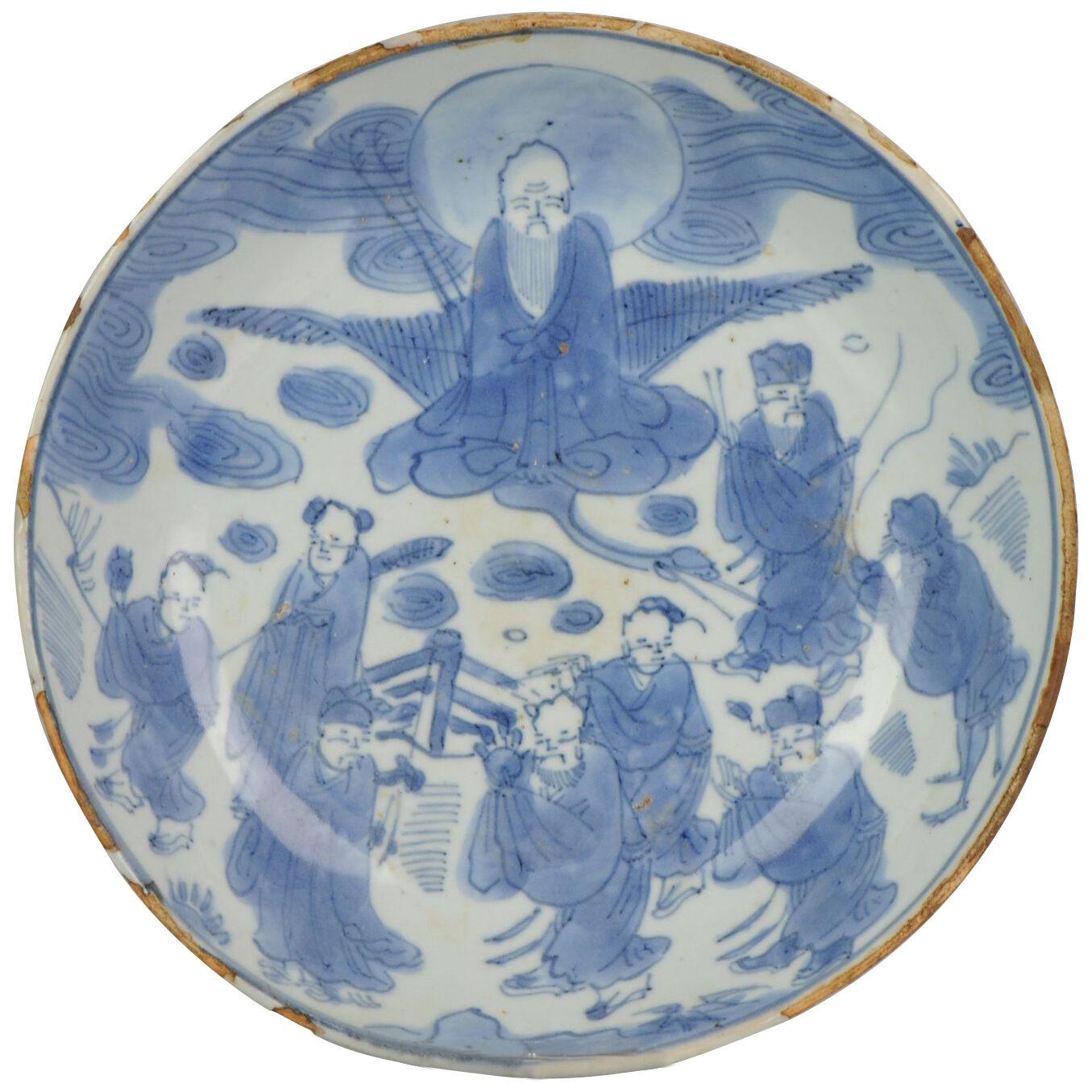 Antique Chinese Porcelain Ca 1600-1640 Kosometsuke Plate Shou Lao 8 Immortals