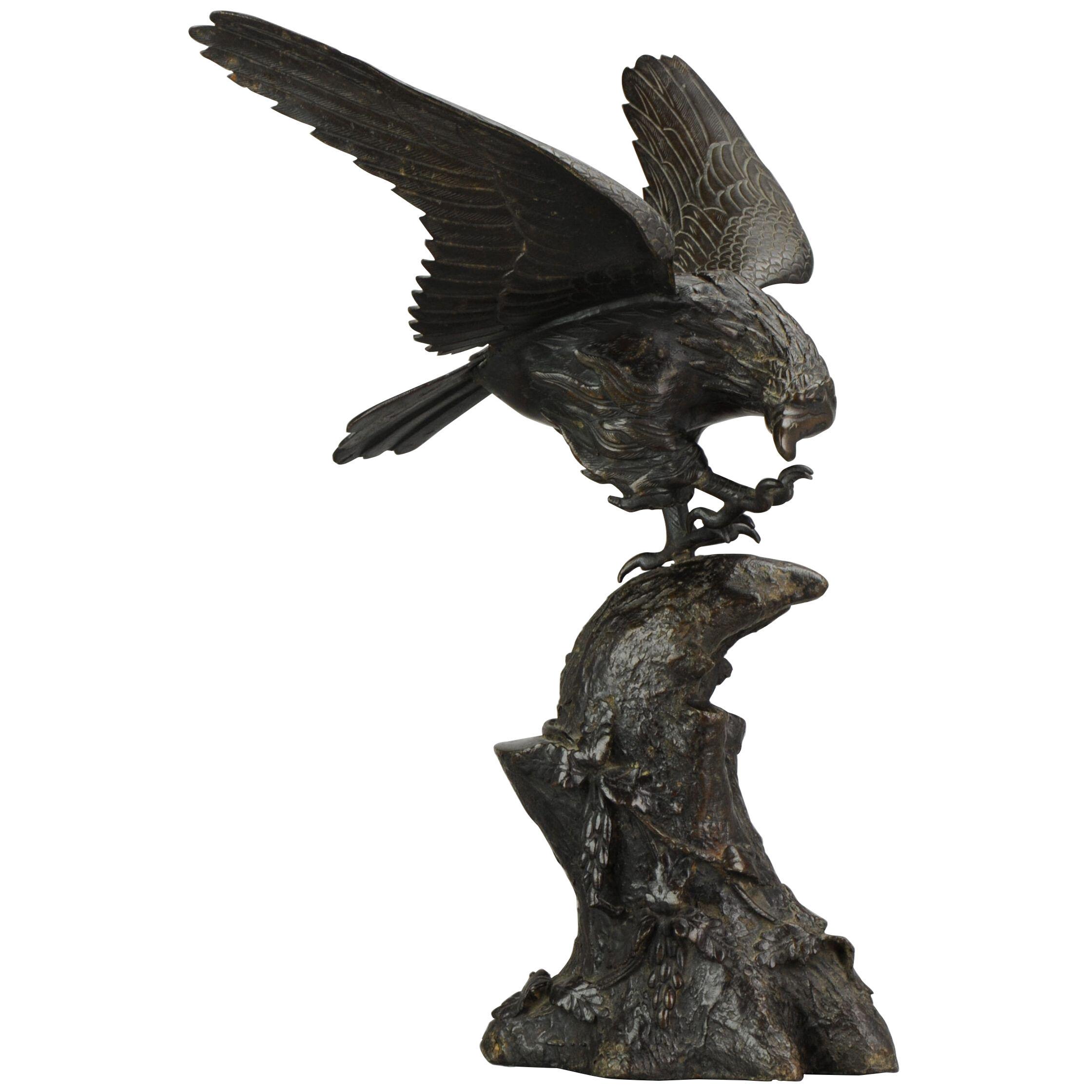Large Antique 19th c Statue Bronze Japan Meiji Period Eagle on Rock