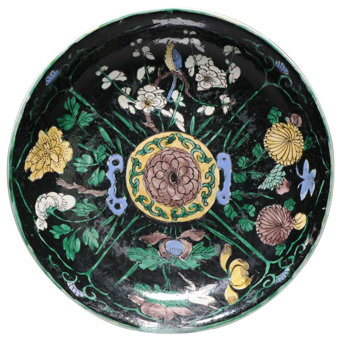 Rare Ca 1700 Early Kangxi Chinese Porcelain Black-ground Dish Birds Flower