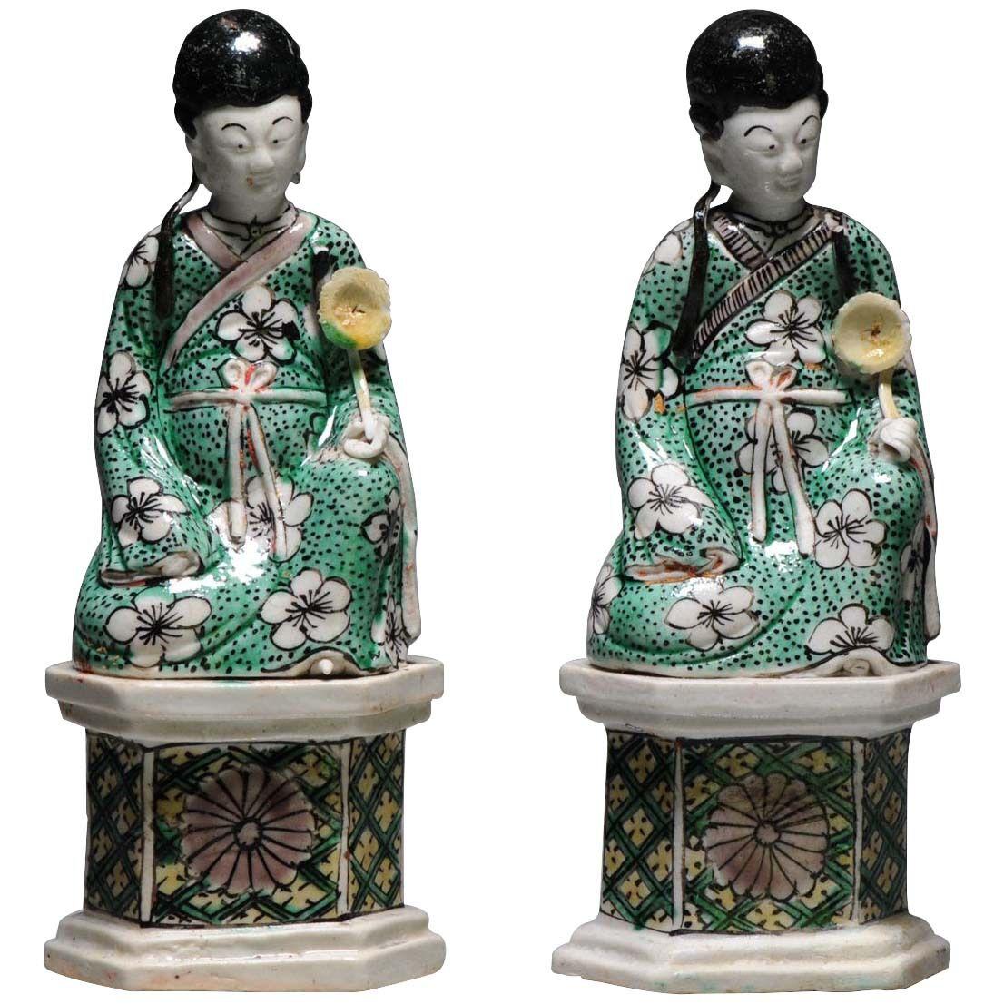 PairAntique Kangxi Chinese porcelain Statue China Famille Verte Biscuit Immortal