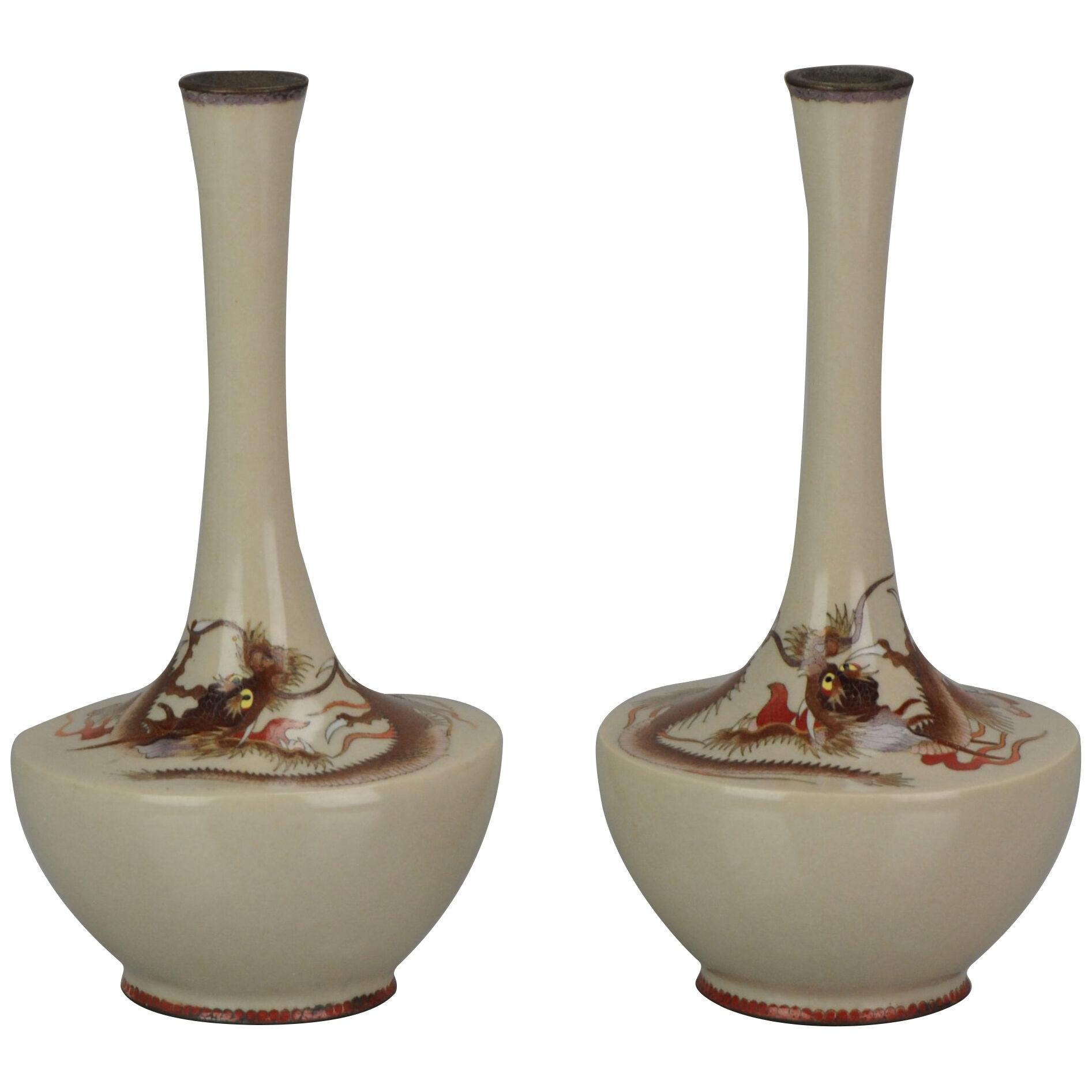Pair Antique Bronze Dragon Vases Cloisonné Japan 19th c Edo or Meiji