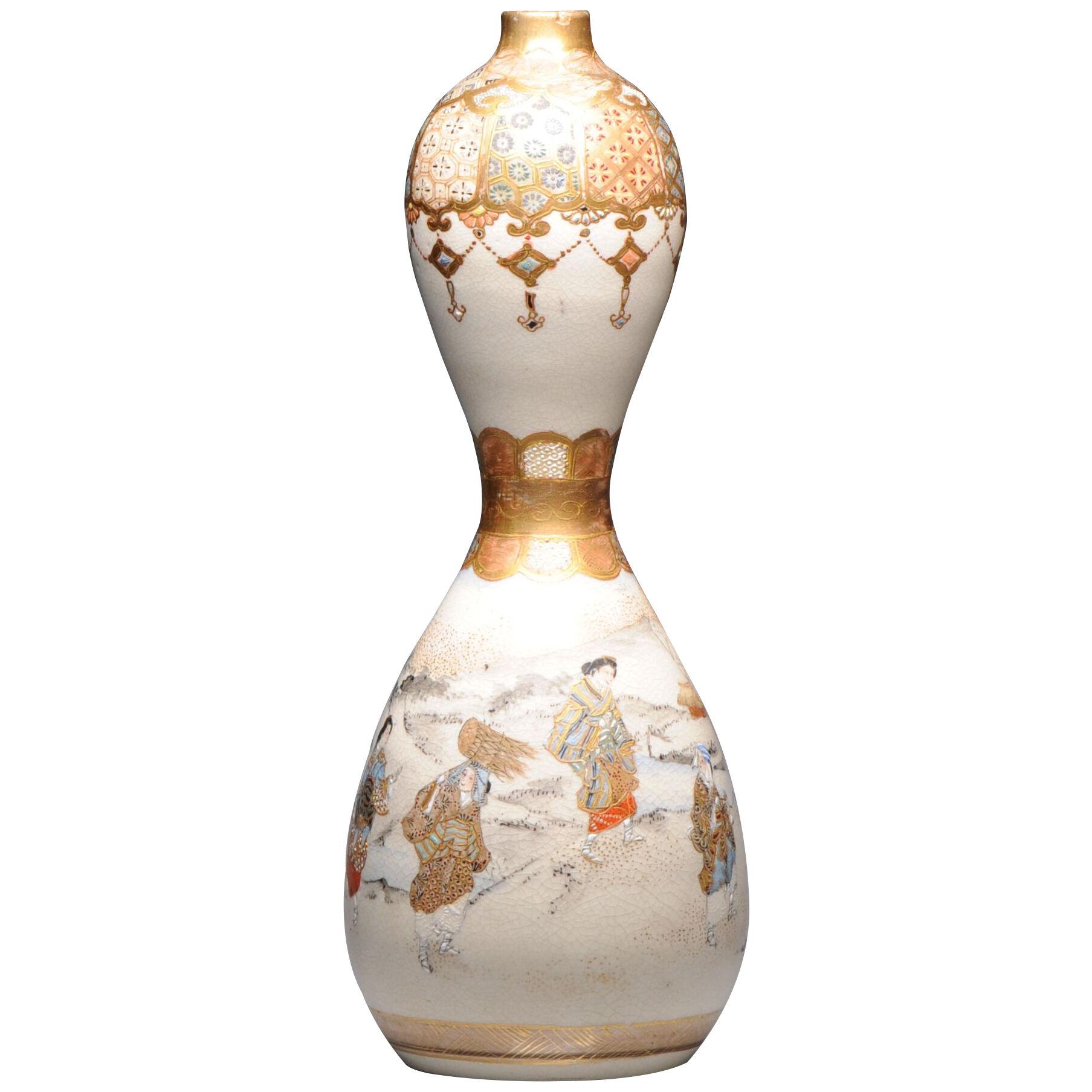 Antique 19th C Japanese Satsuma Double Gourd Vase with Landscape Japan