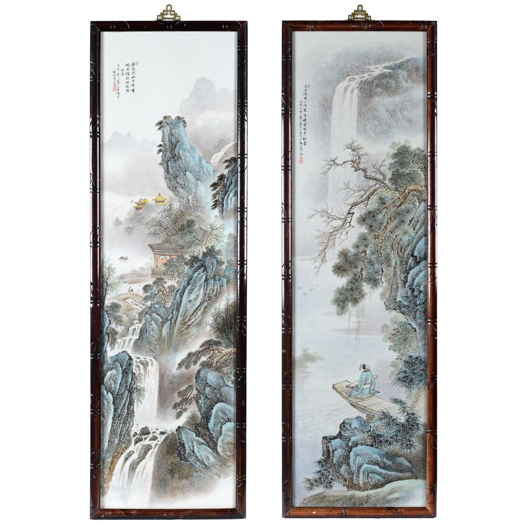 Pair Porcelain plaque Wooden frame Mountain landscape Wang Yeting. Marked