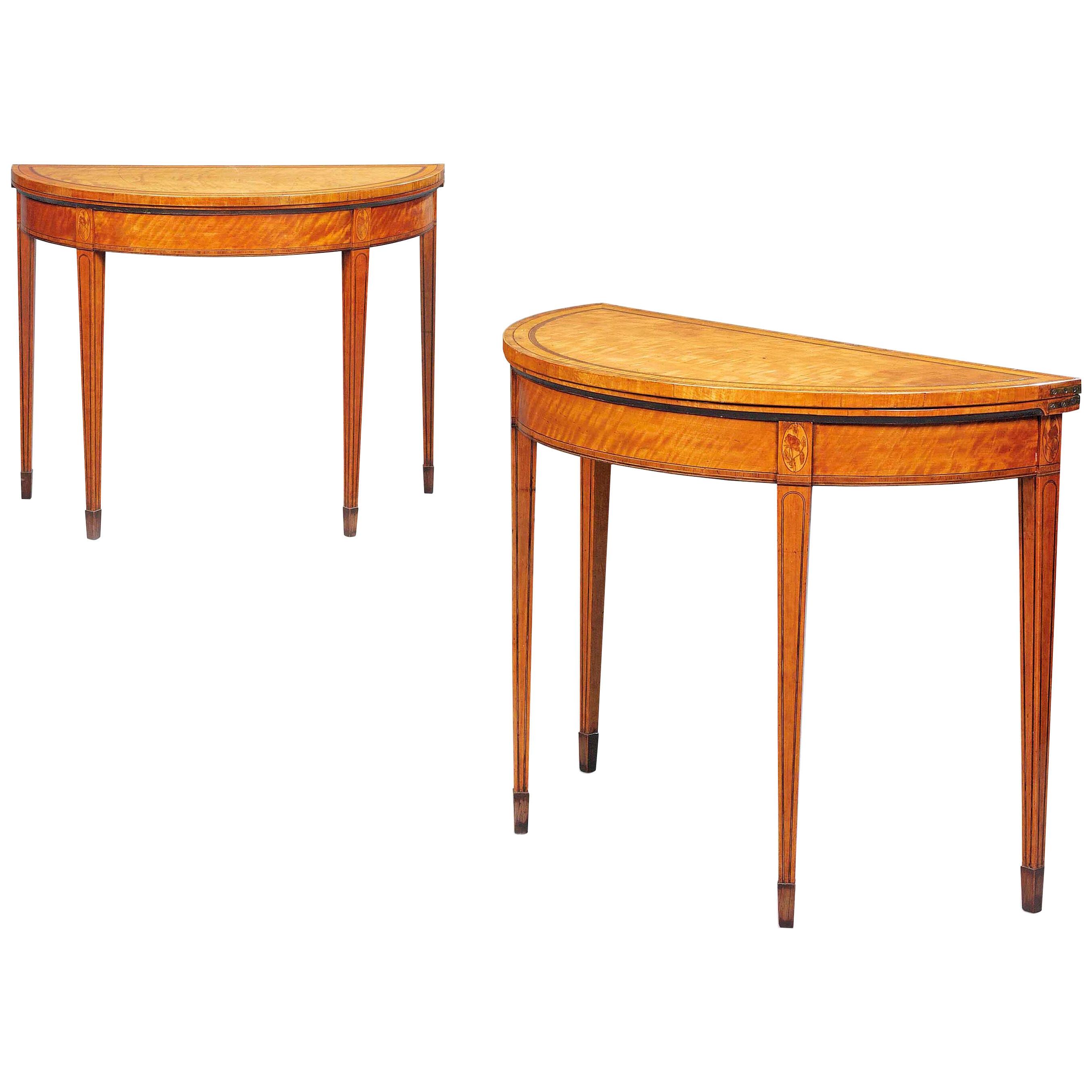 A pair of George III Sheraton period satinwood & tulipwood banded card tables
