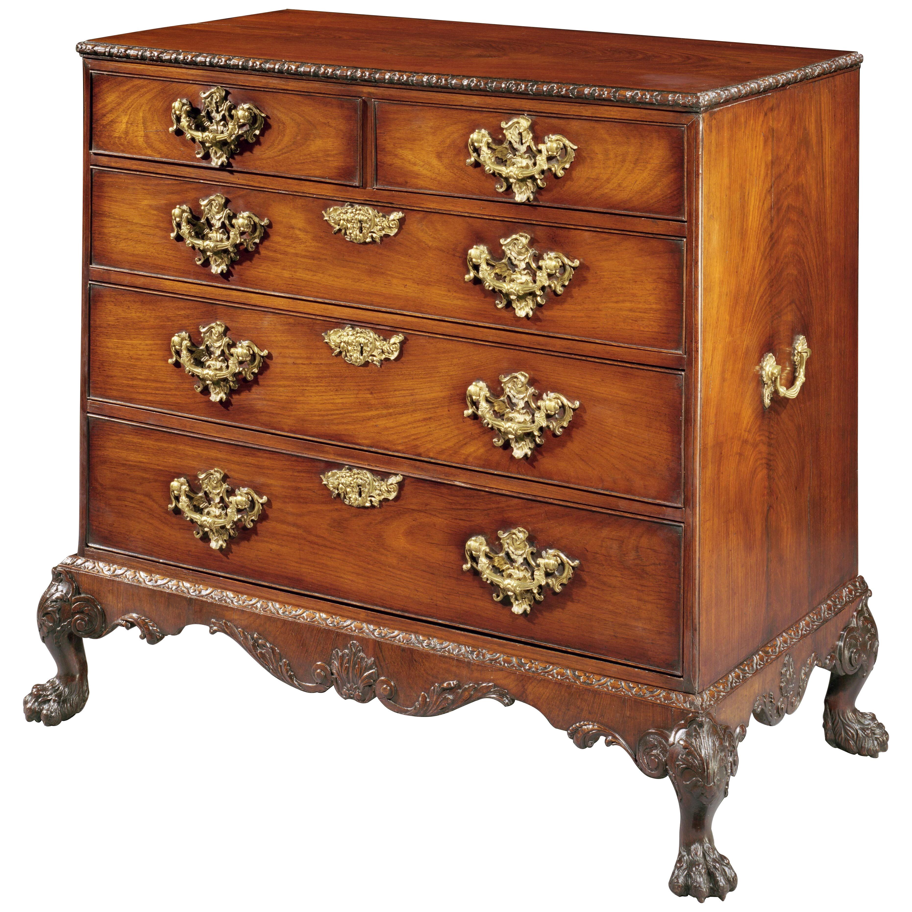 A GEORGE II ROSEWOOD CHEST OF DRAWERS ON STAND 