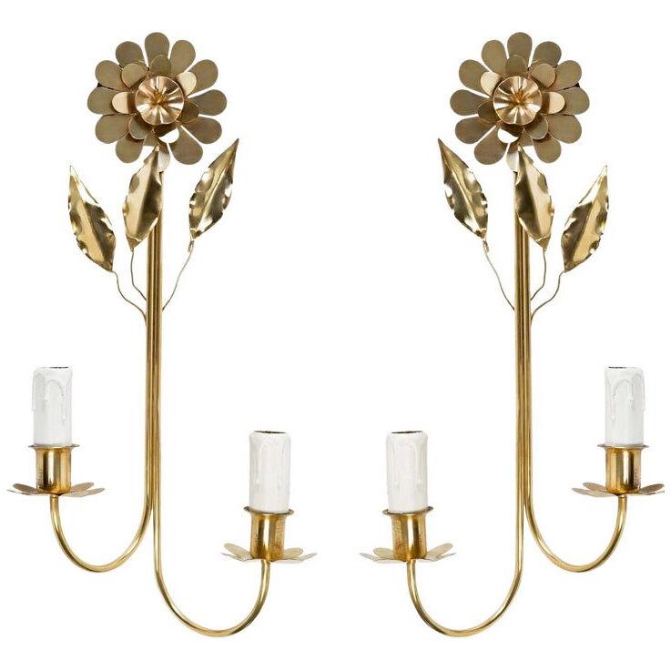 1960 Pair of Gilded Brass Wall Lights Maison Honoré