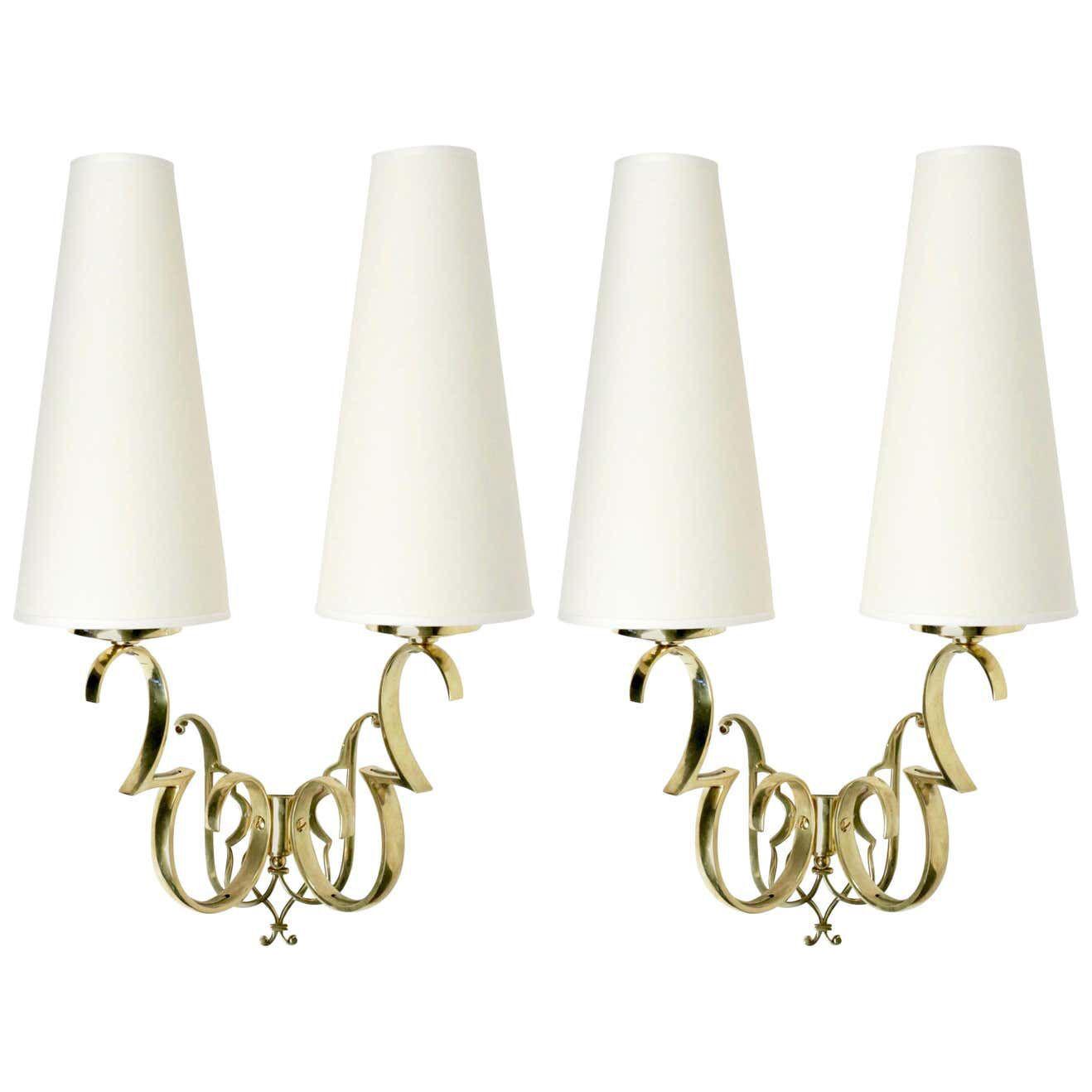 1970s Large Pair of Wall Lights in Golden Brass from Maison Roche