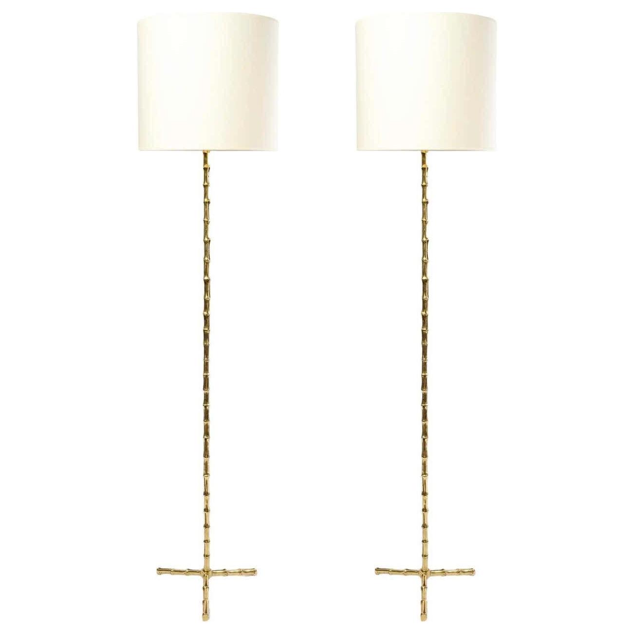 1950 Pair of Floor Lamps "Bamboo" Model in Gilt Bronze Maison Baguès