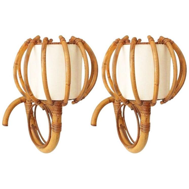1950s Pair of Rattan Sconces to Louis Sognot