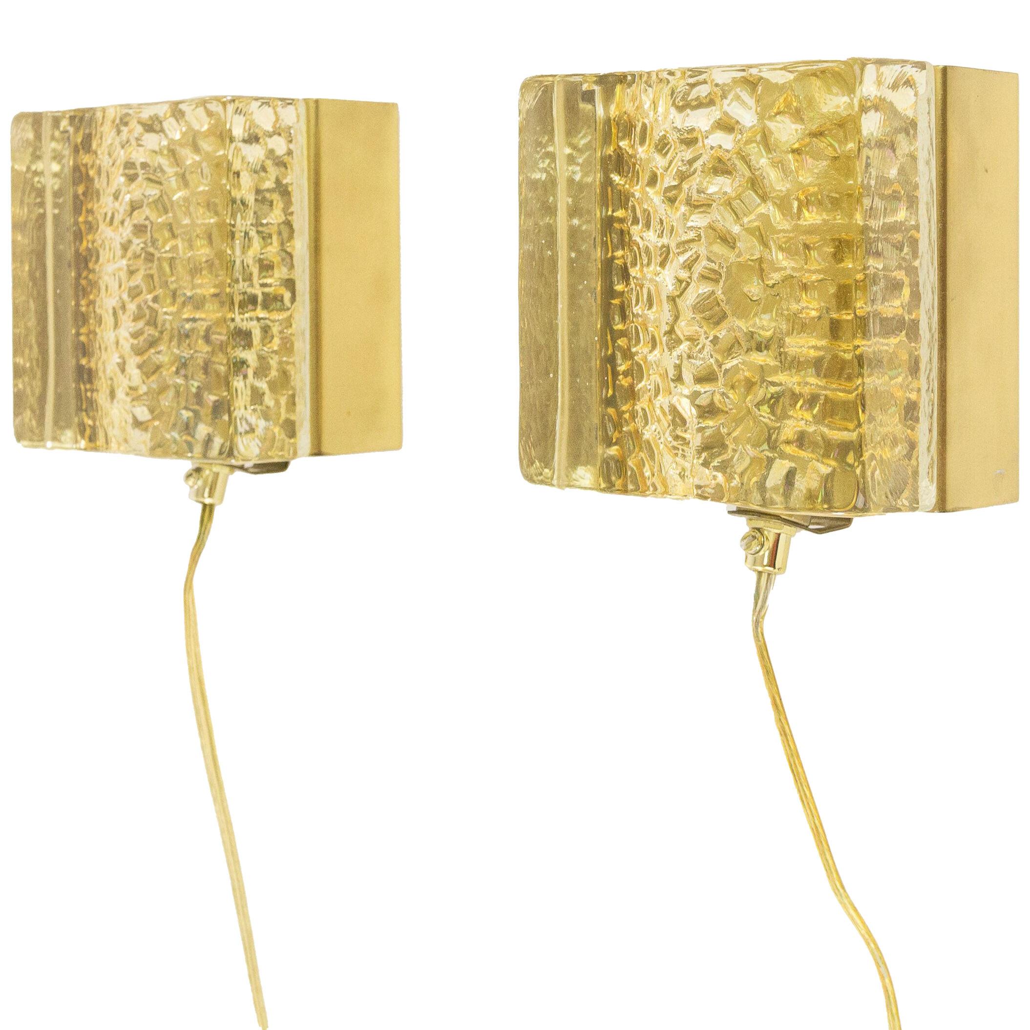 Pair of Kalmar glass and brass Wall lamps in gold by Vitrika, 1970s