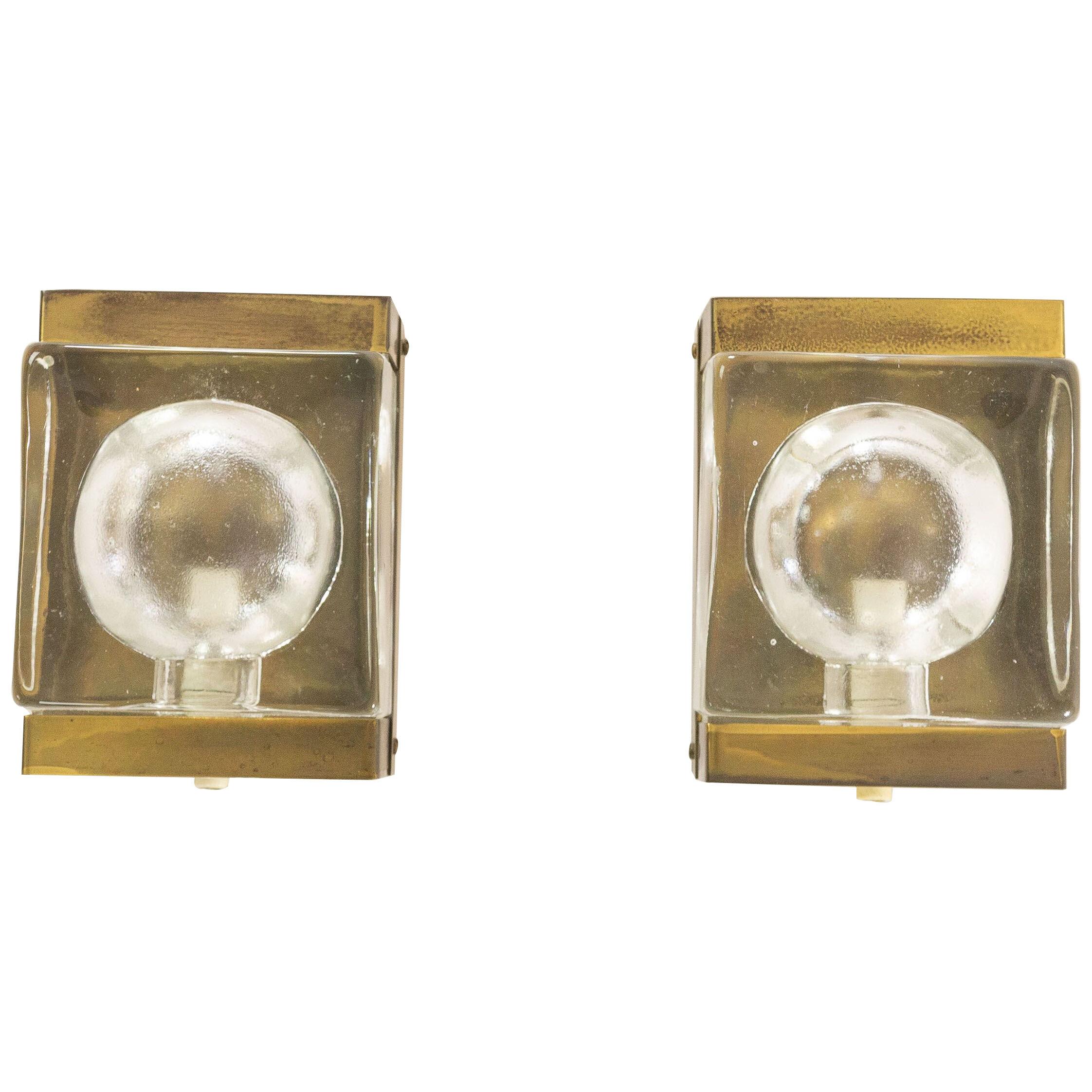 Pair of white Maritim glass and brass Wall lamps by Vitrika, 1970s