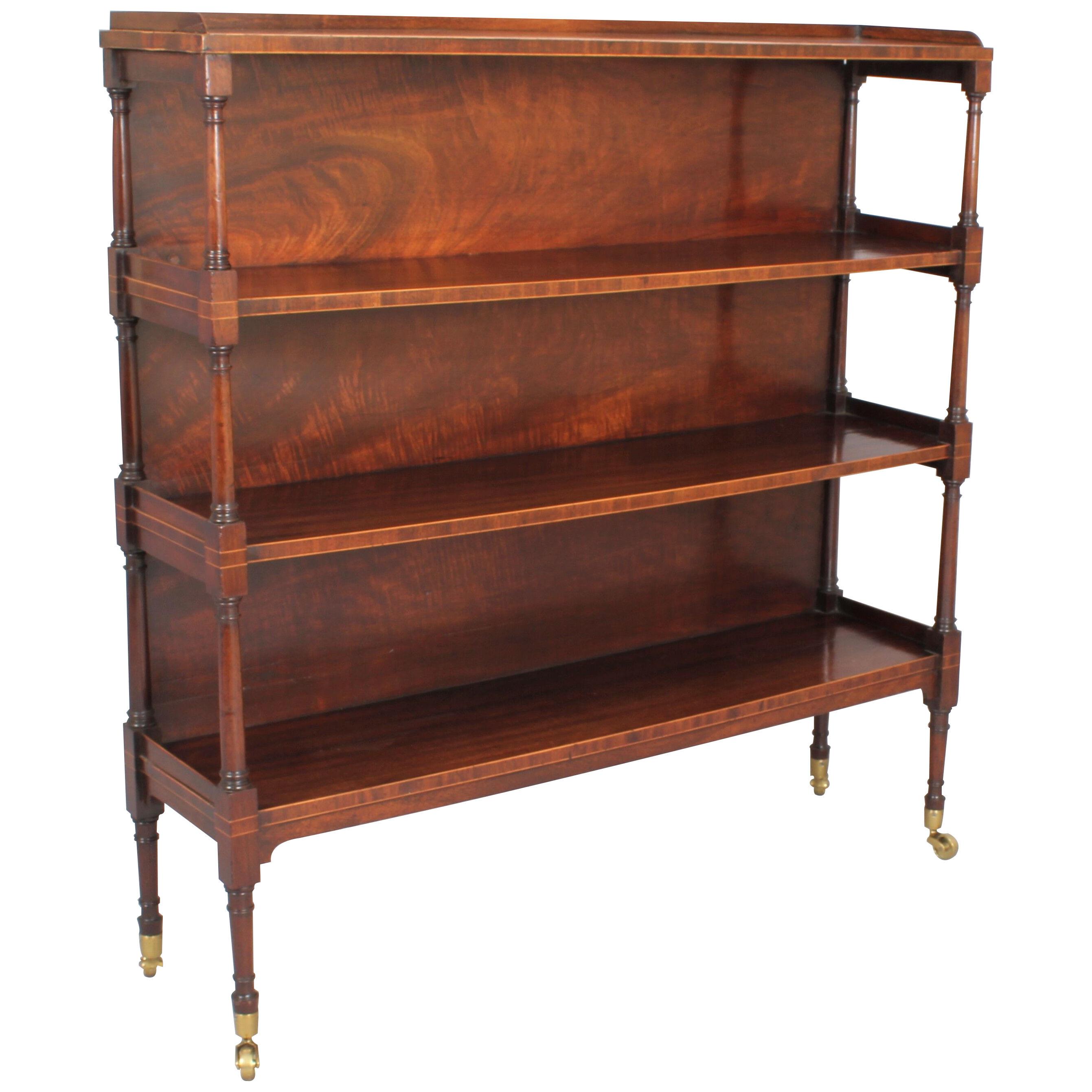 George III mahogany and boxwood strung four tier open shelves