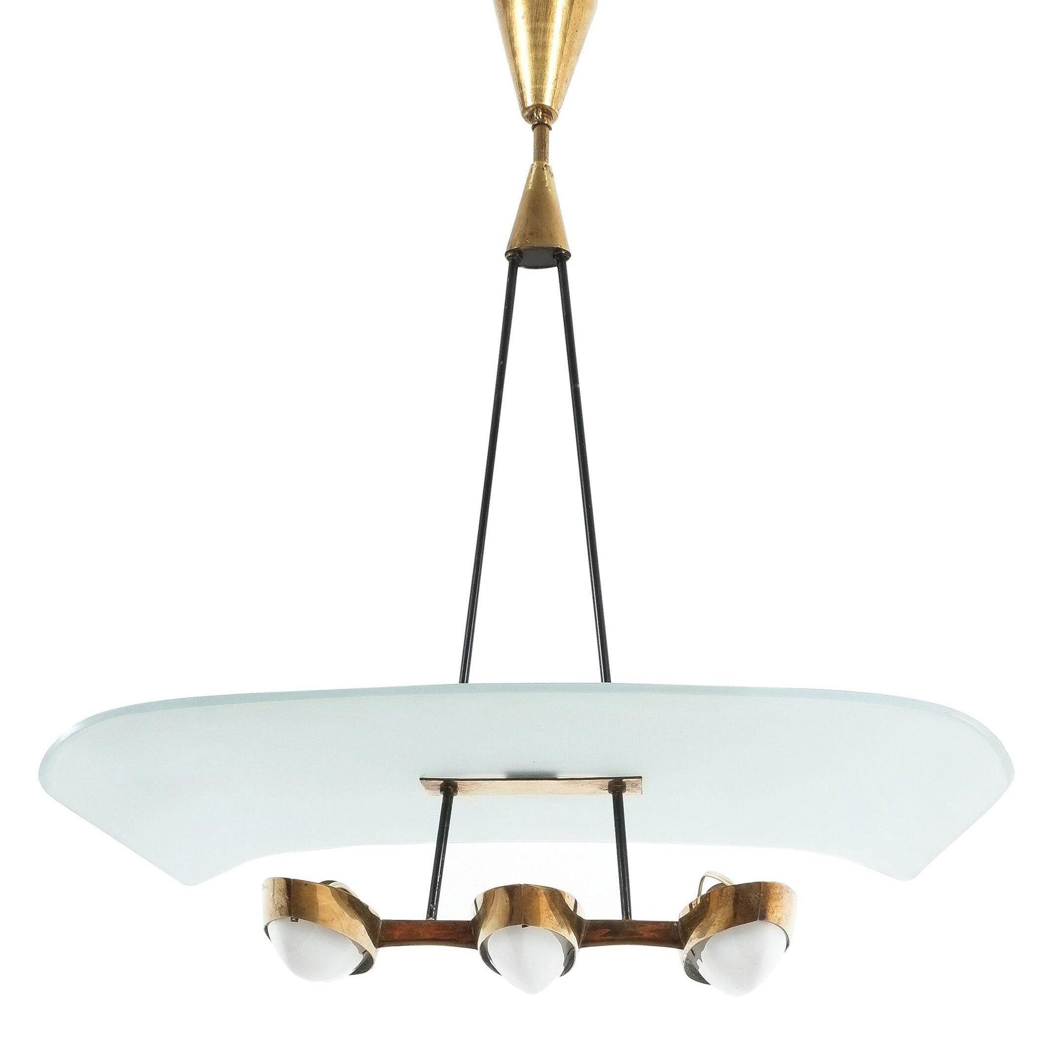 Chandelier from Frosted Glass and Brass Attributed to Stilnovo Italy, circa 1954