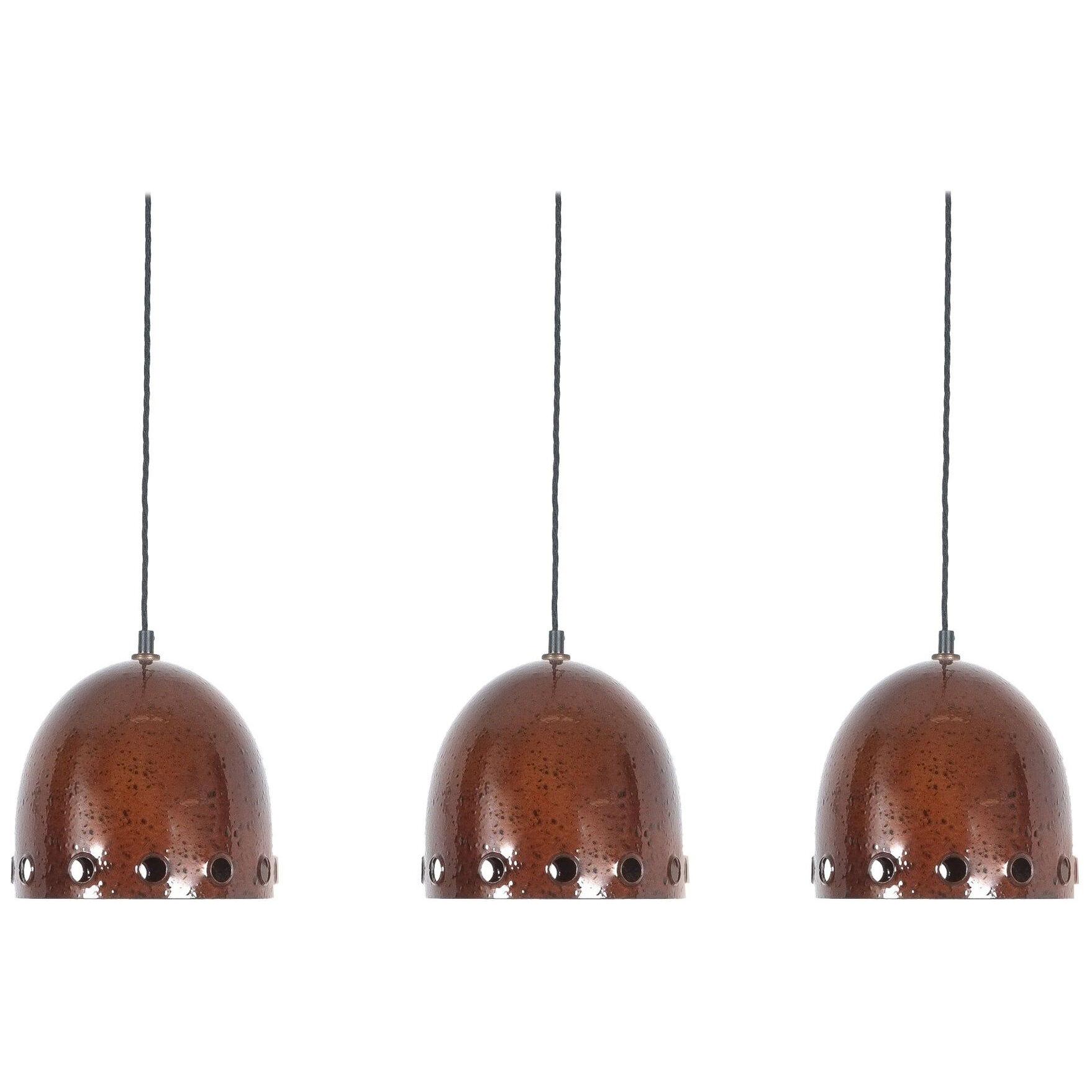 Set of Three Iron Rust Glaze Pendant Lamps, Germany Midcentury