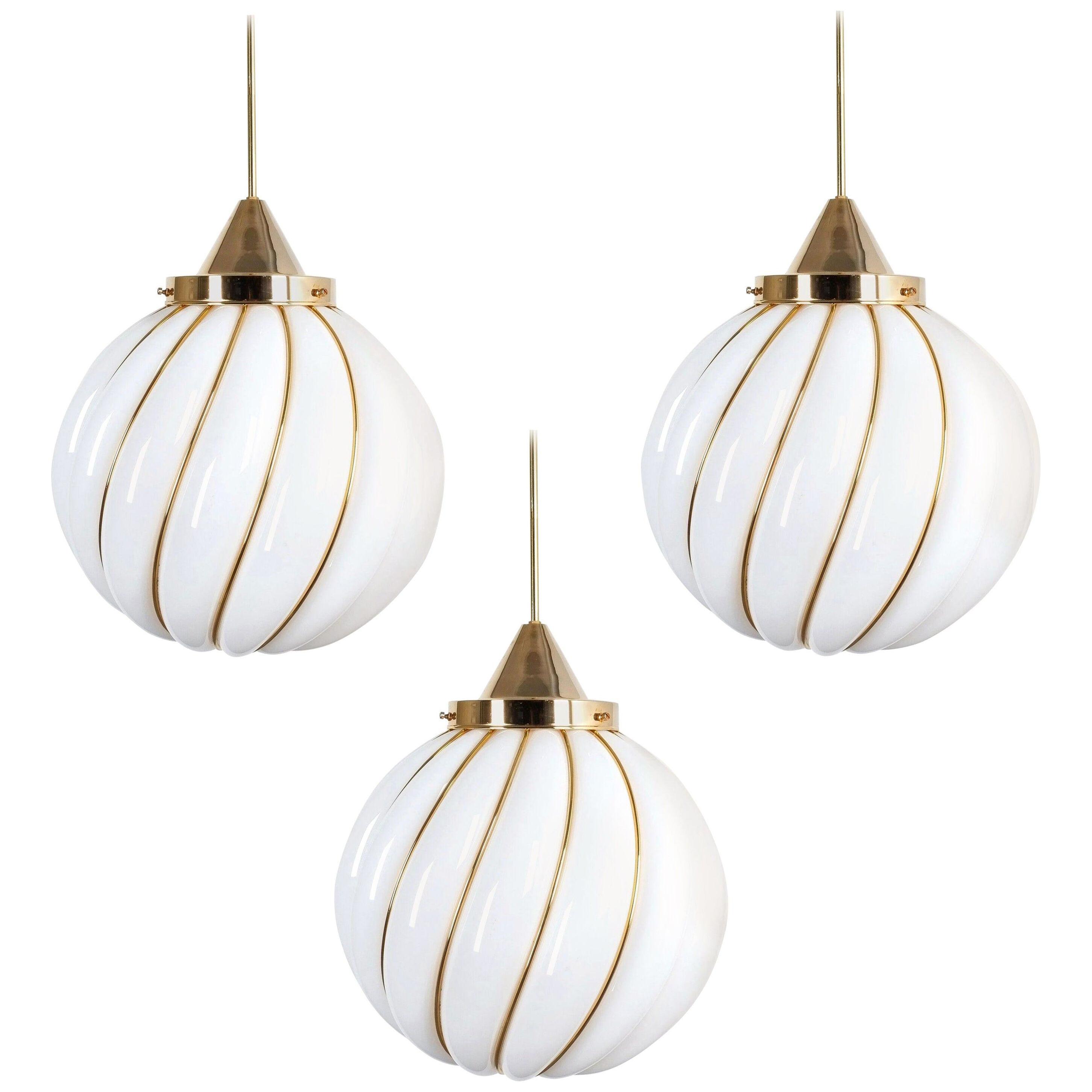 Adolf Loos Pendant Lamps for VeArt Opal Glass Gold Brass, circa 1960