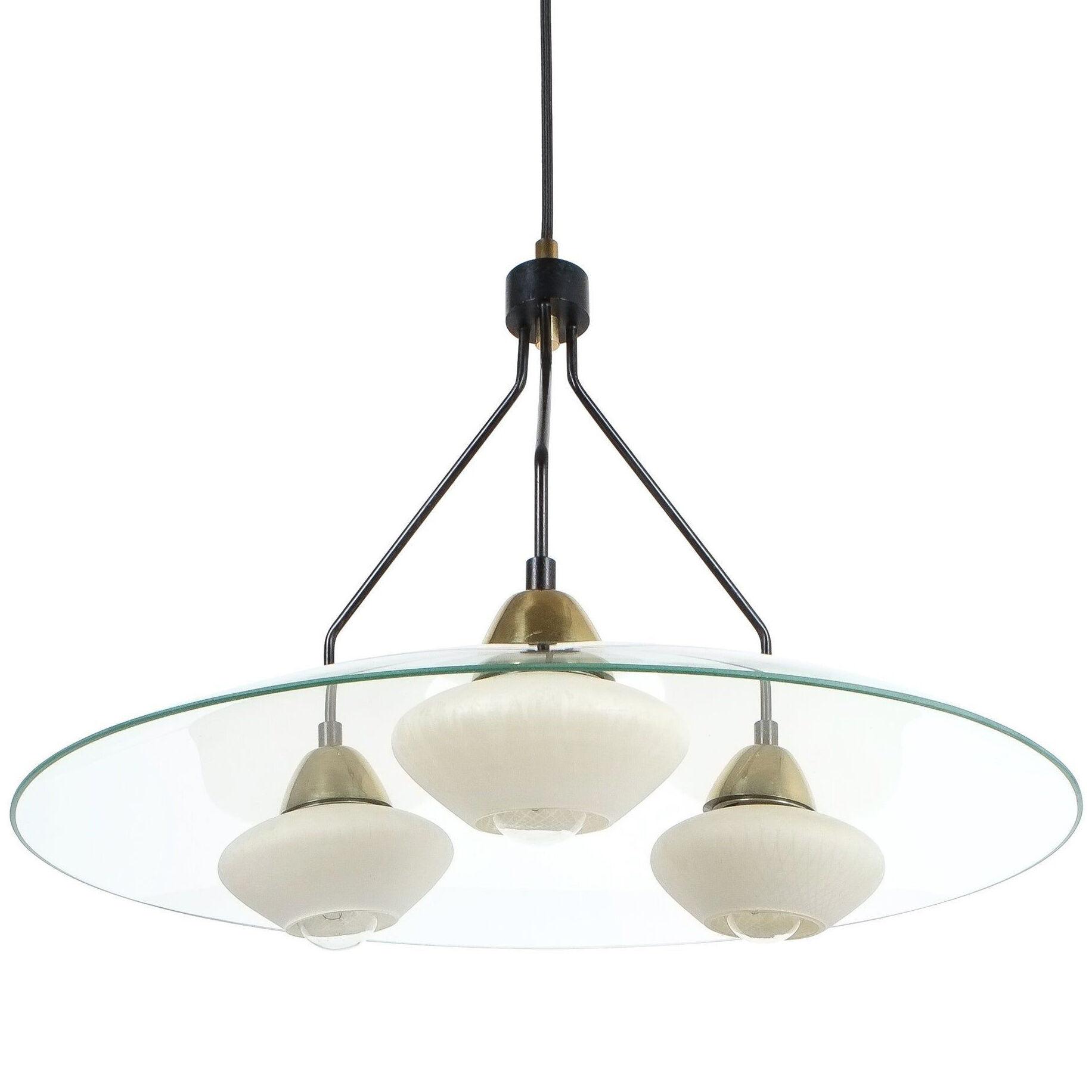 Angelo Lelii Style Ufo Chandelier Clear Glass Brass, Italy, circa 1955	