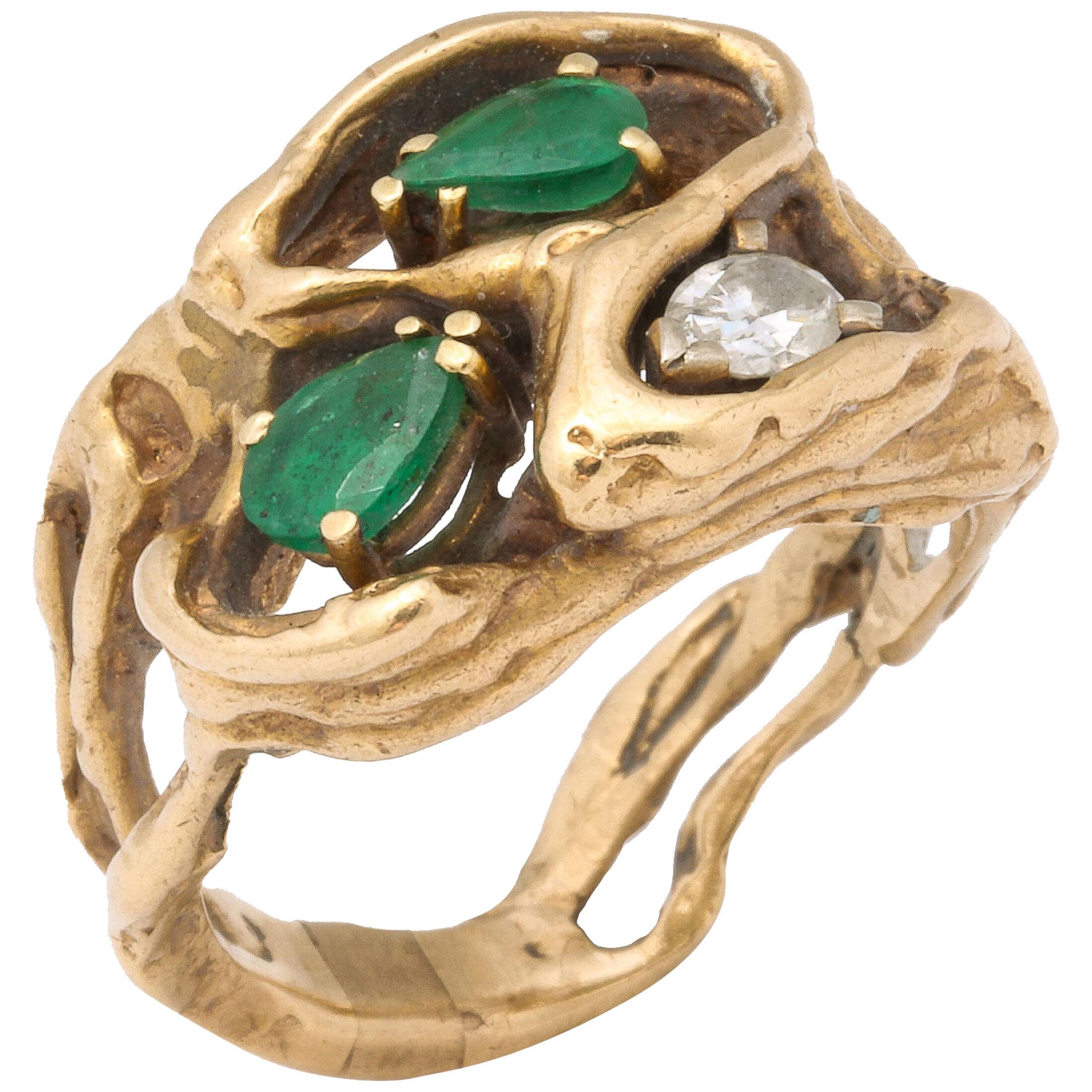 Modernist Diamond and Emerald Gold Ring