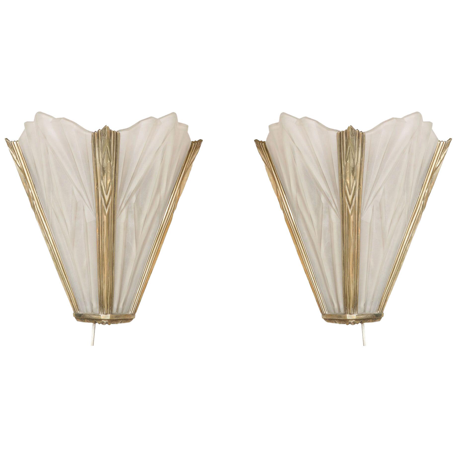 Art Deco Nickel Plated Geometric Sconces with Frosted Glass Shades