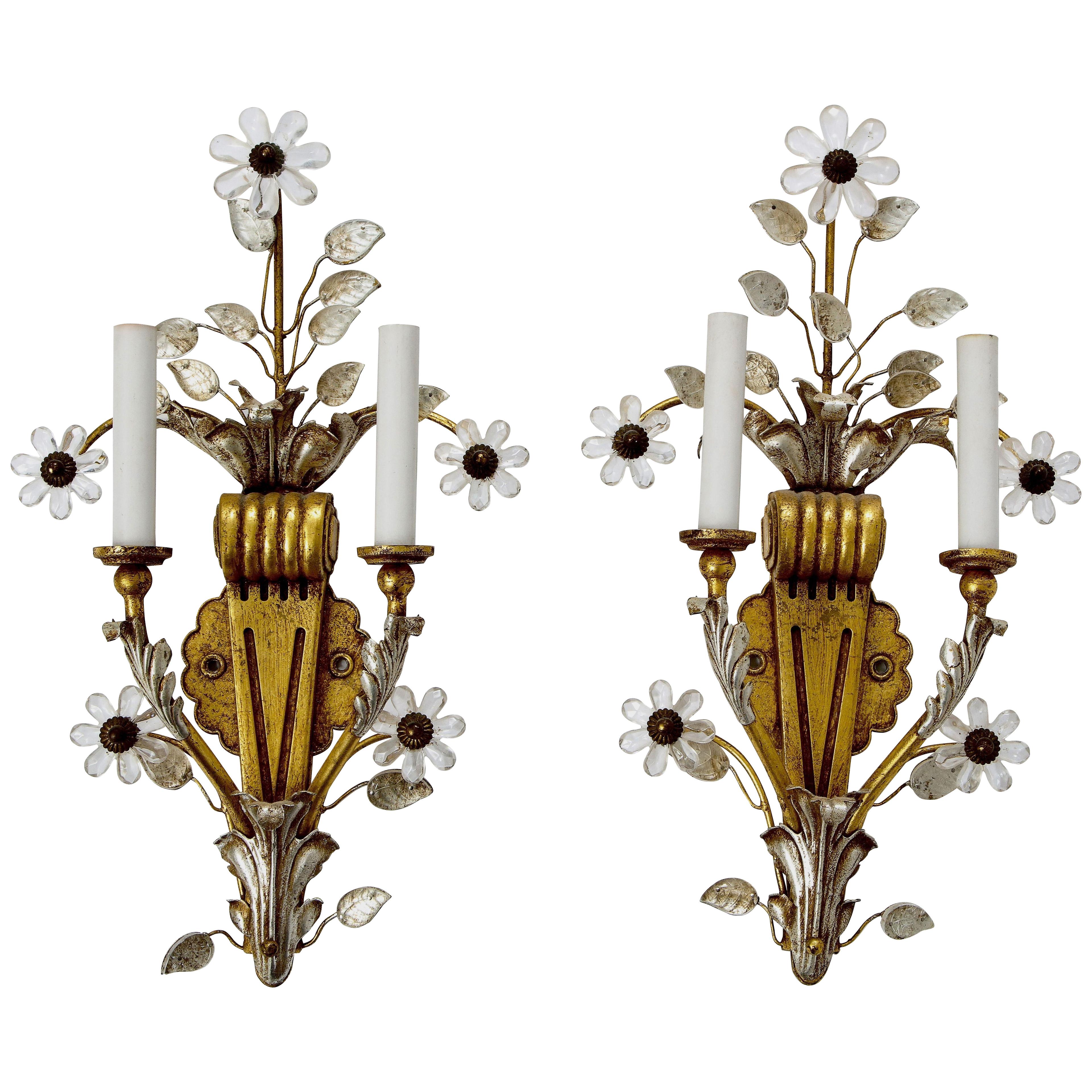 Pair of Gilt and Silvered Bronze Banci Sconces with Rock Crystal Floral Motif.