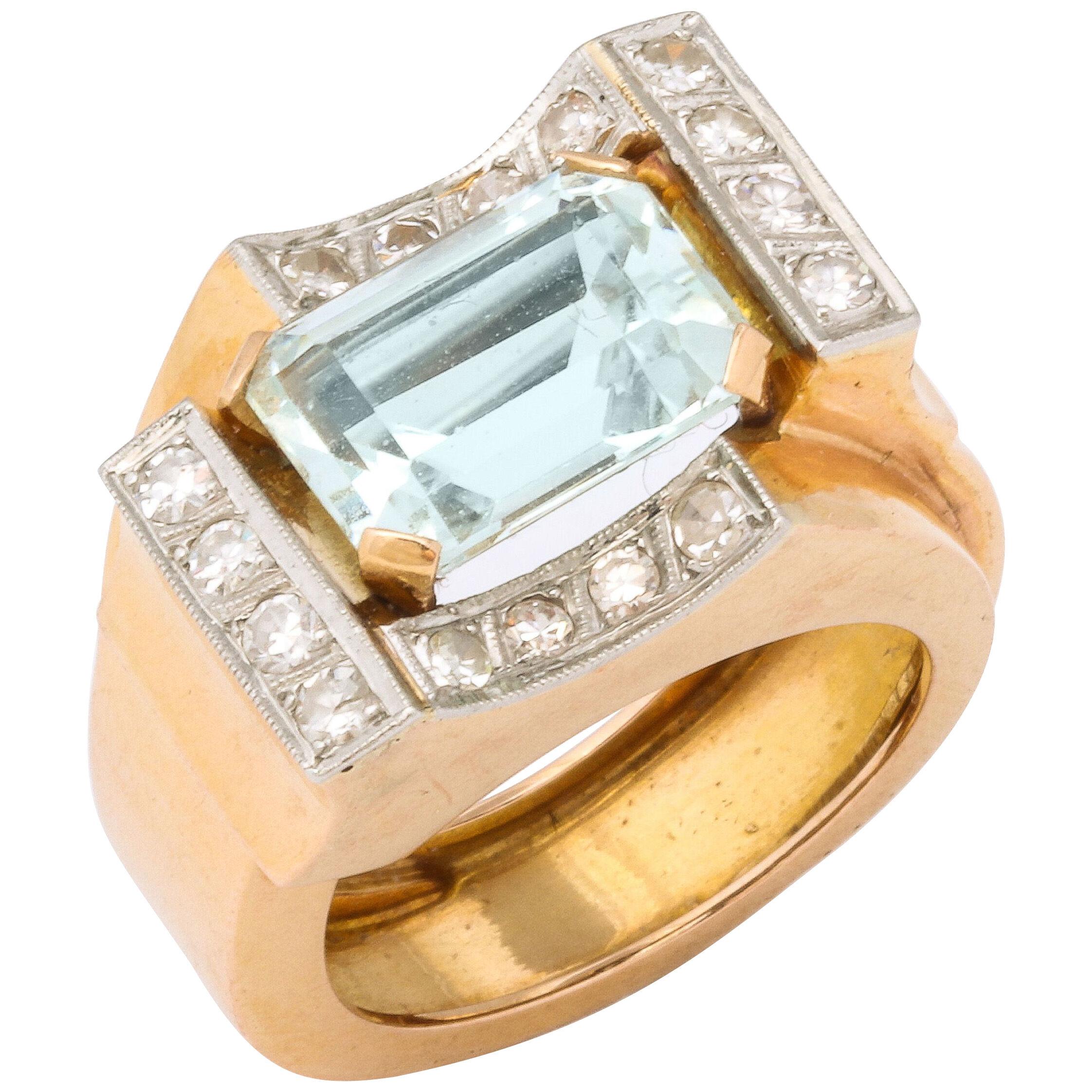 Retro Aquamarine and Diamond Gold Ring