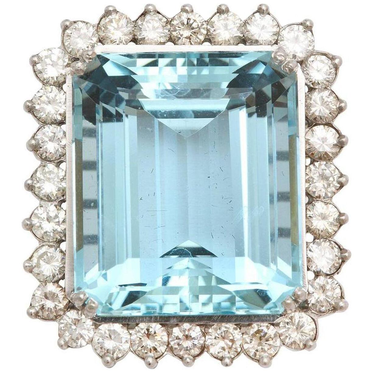 Large Aquamarine and Diamond Platinum and Gold Ring