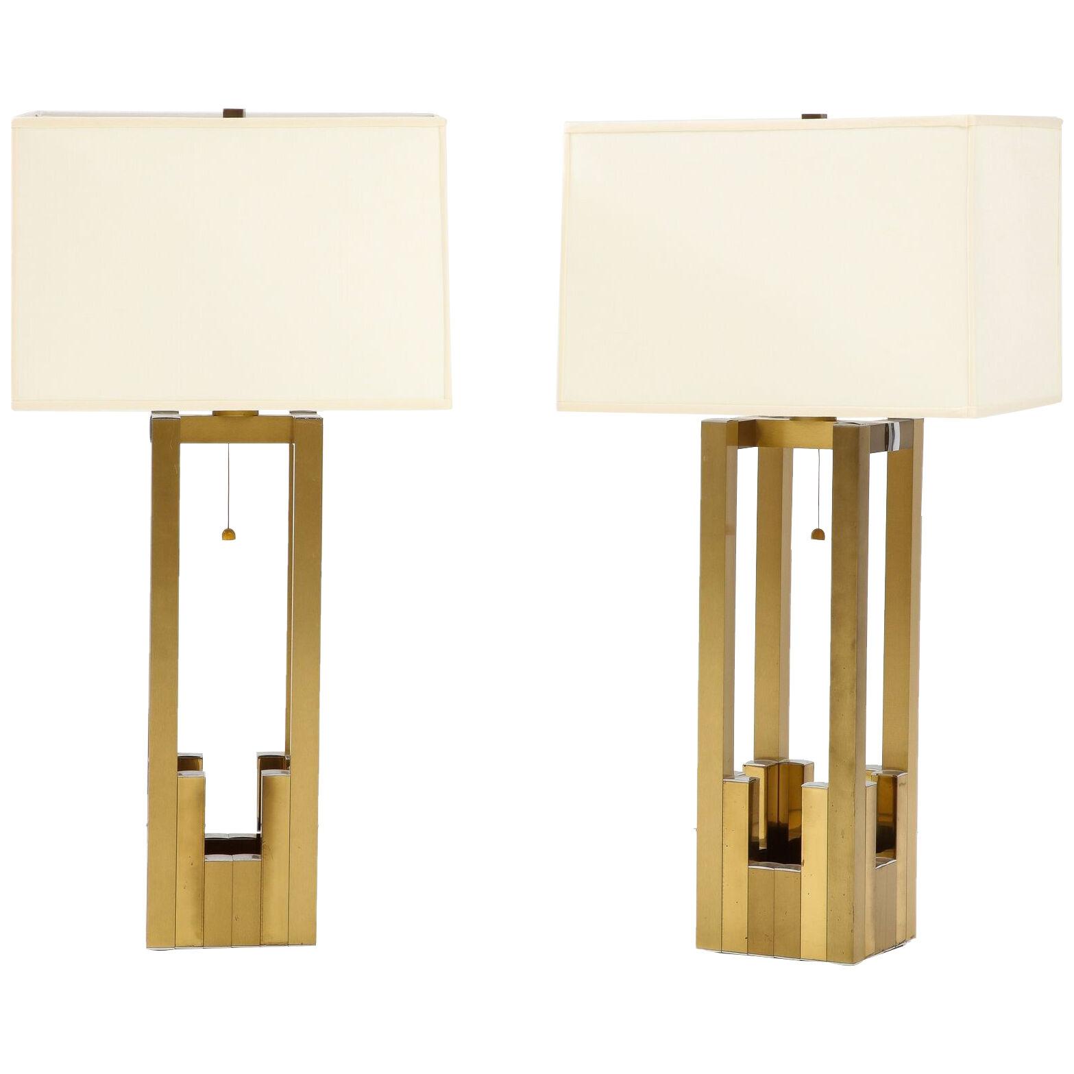 Pair of Geometric Brass and Chrome Table Lamps by Willy Rizzo for Lumica