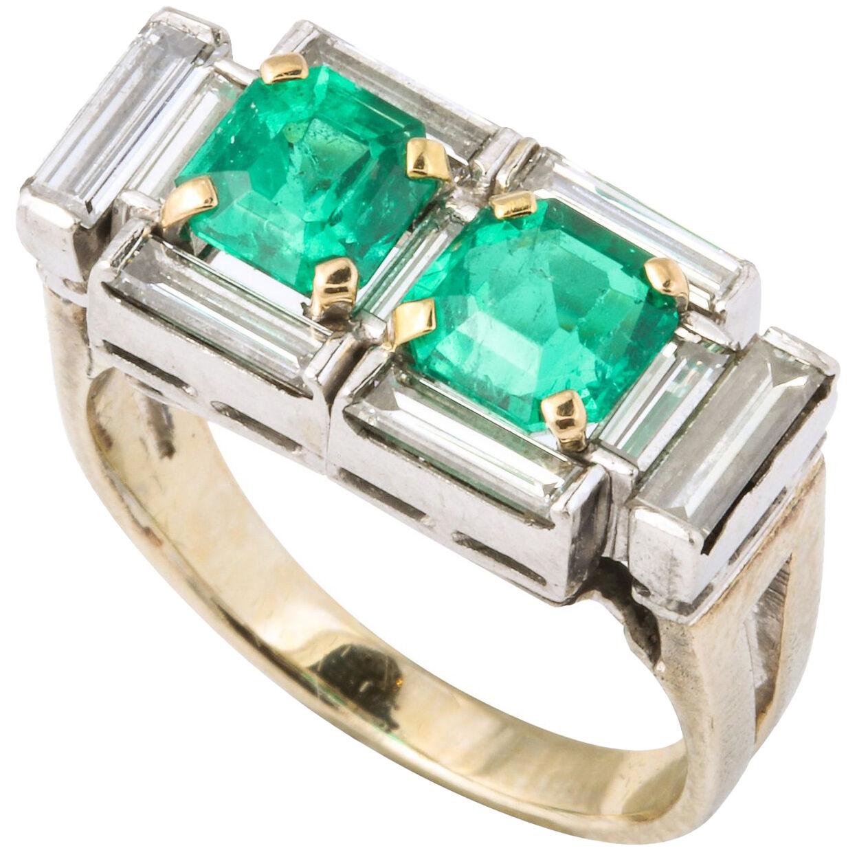 Art Deco Diamond and Emerald Gold and Platinum Ring