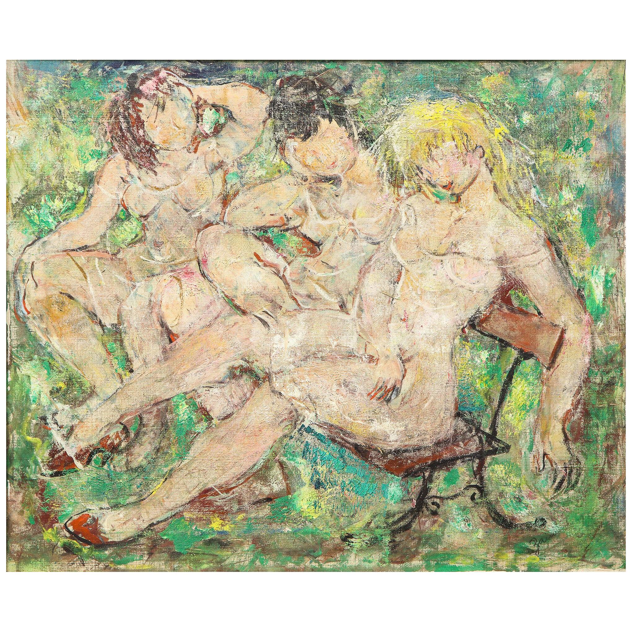 Three Nudes on a Park Bench Oil on Canvas