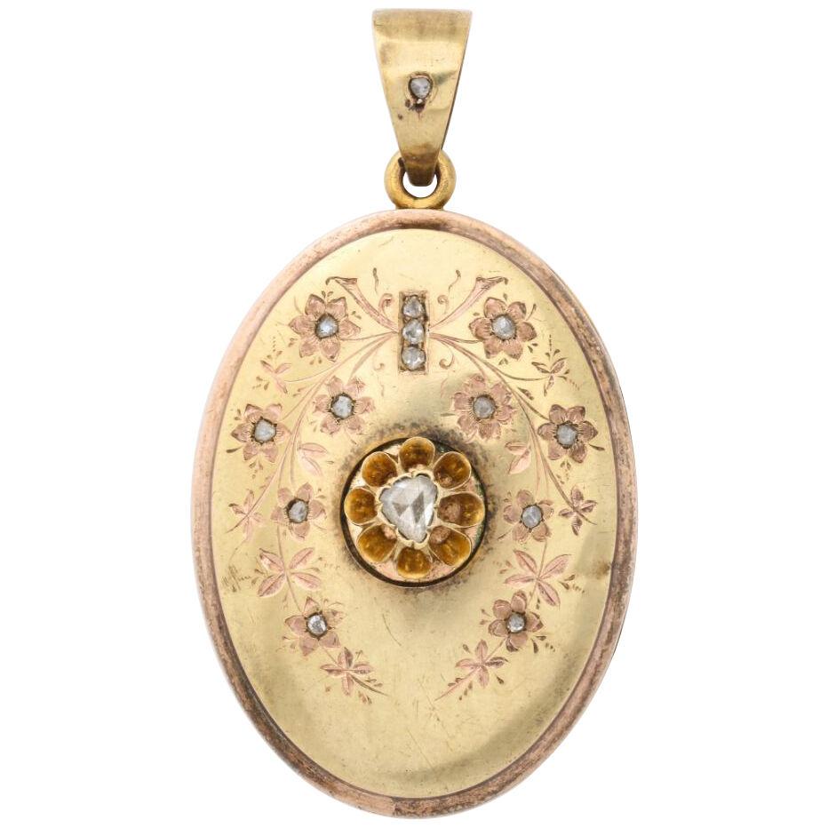 Victorian Two Color Gold Locket with Rose Diamonds and Floral Engraving