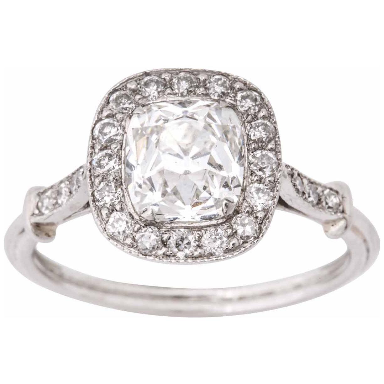 Vintage Cushion Cut VVS G 1.30 Carat Diamond Platinum Engagement Ring