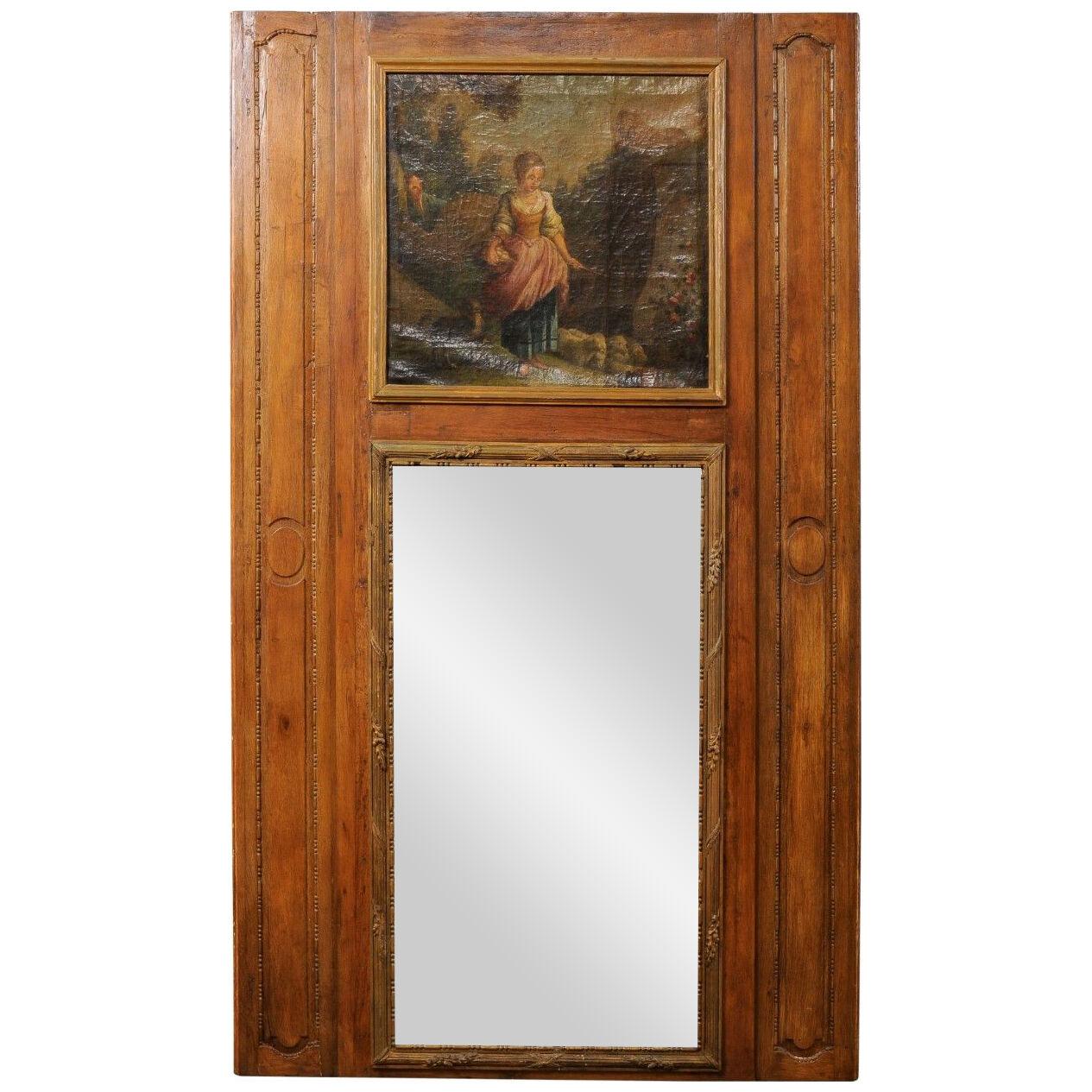 French Antique Trumeau Mirror w/Painting