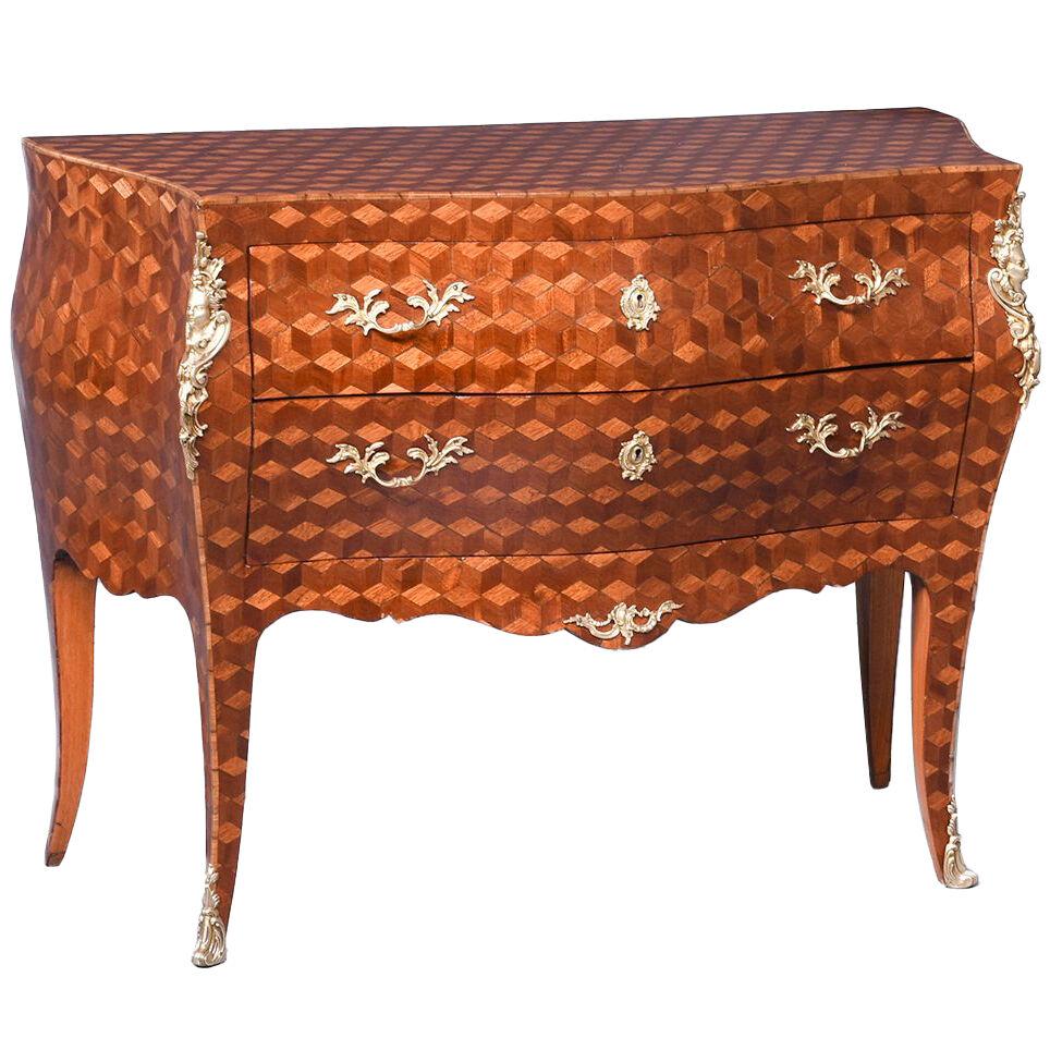 Exceptional Bombe-Front French Parquetry Mahogany Commode
