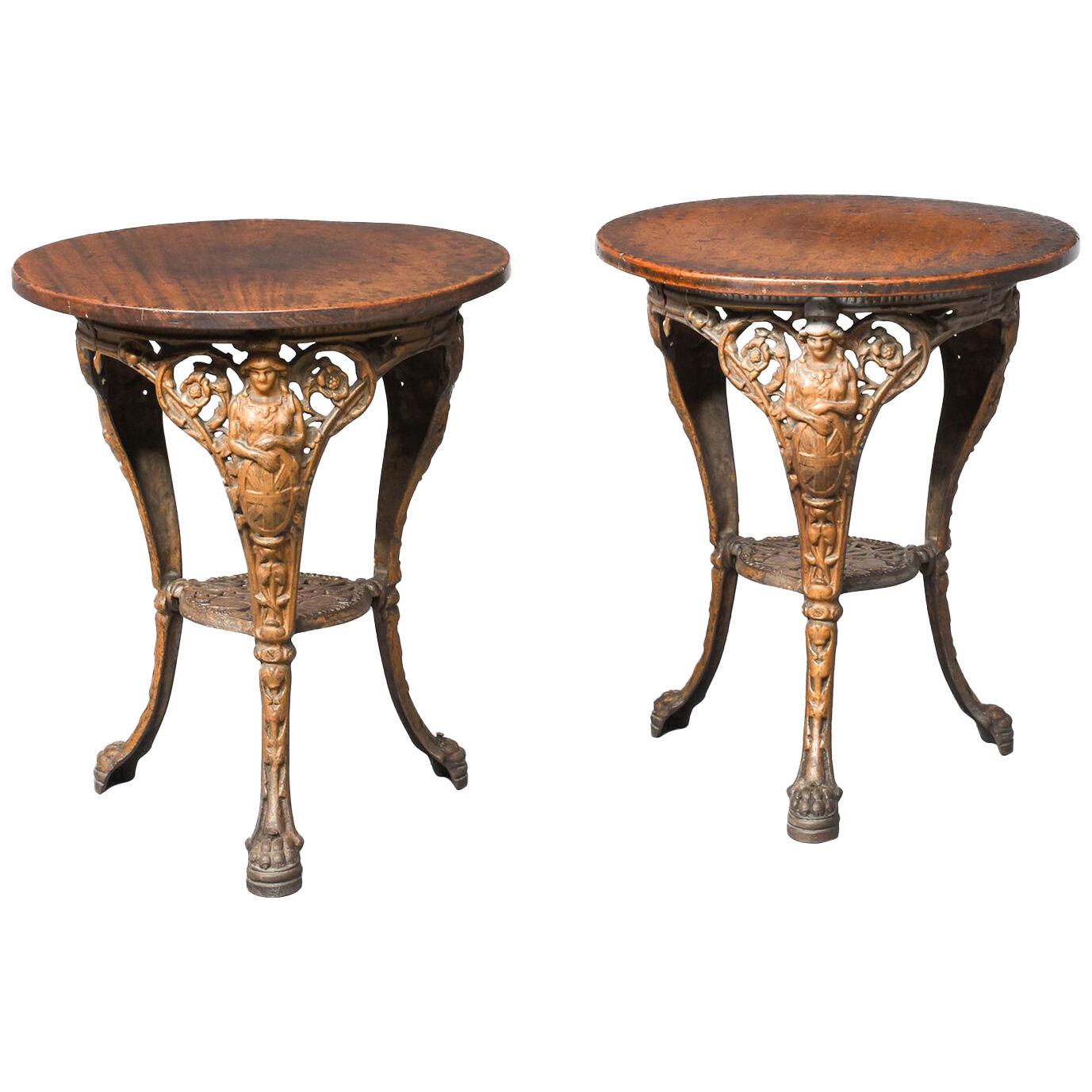 Pair Of Britannia Pattern Cast Iron Pub Tables with Circular Wooden Tops