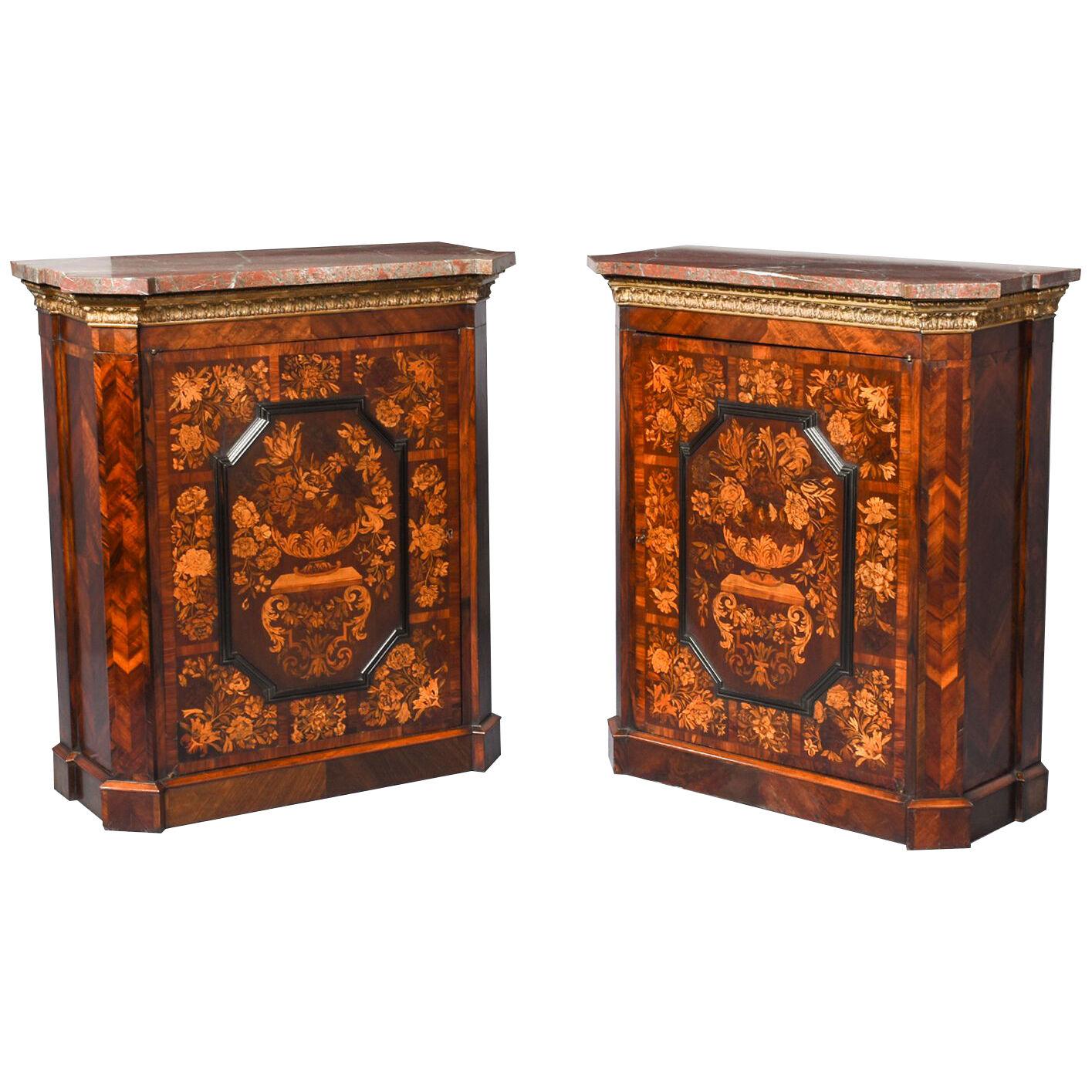 Pair of Exhibition Quality Marquetry-Inlaid Marble Top Side Cabinets 