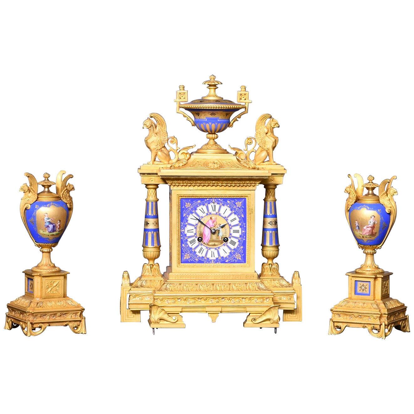 French Ormolu & Porcelain Clock Garniture