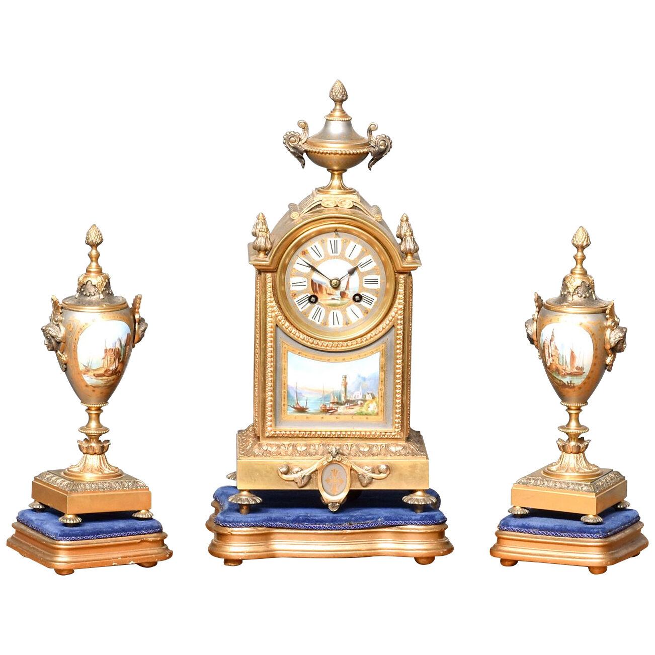 3 Piece Gilt and Porcelain Clock Set