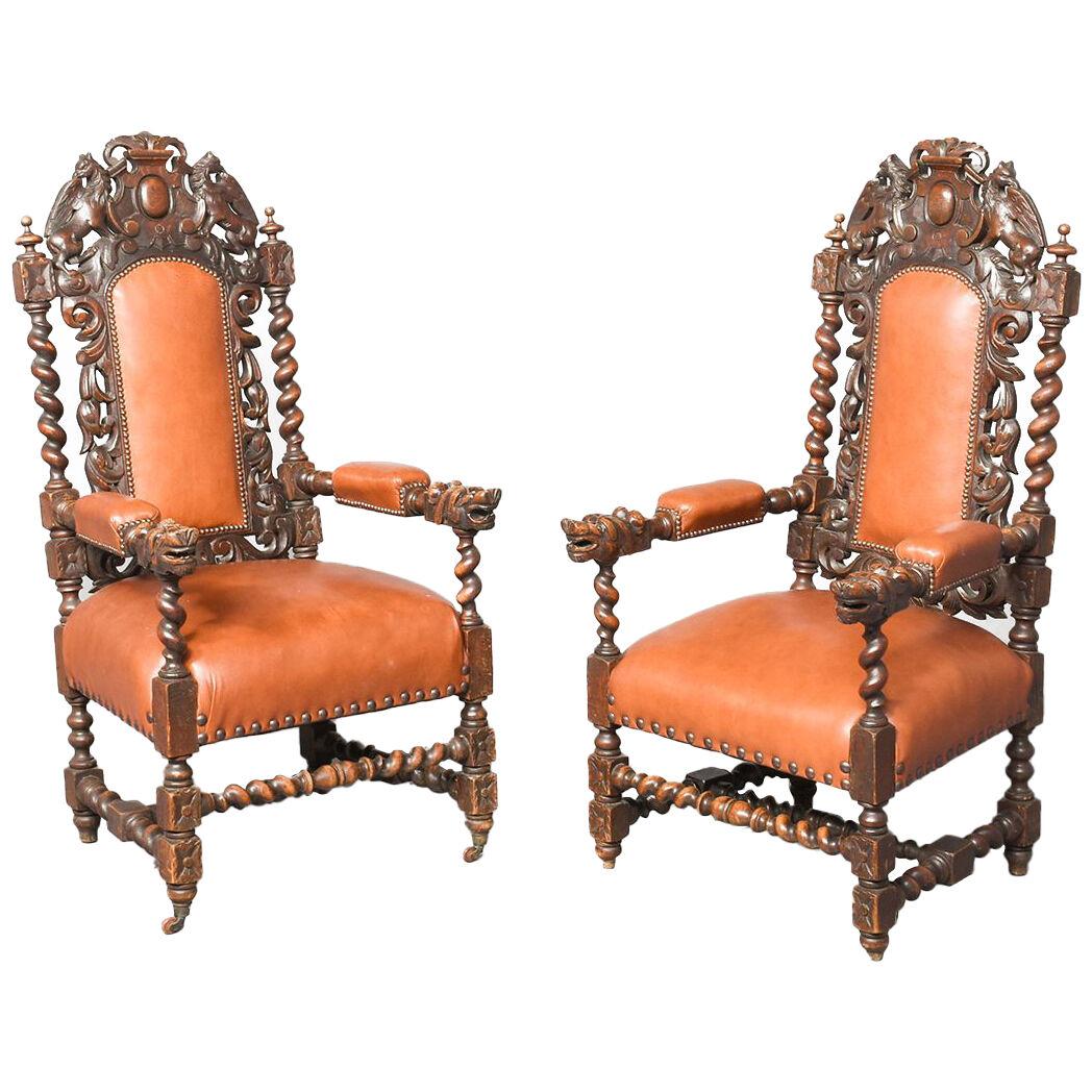 Pair of Flemish Carved Oak Hall or Throne Chairs
