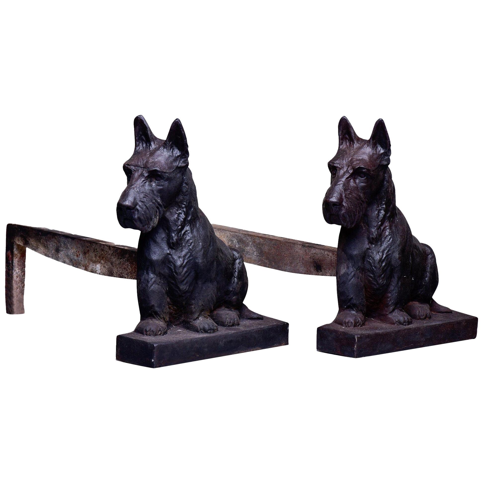 Pair 19th C Cast Iron Scottish Terrier Figural Andirons