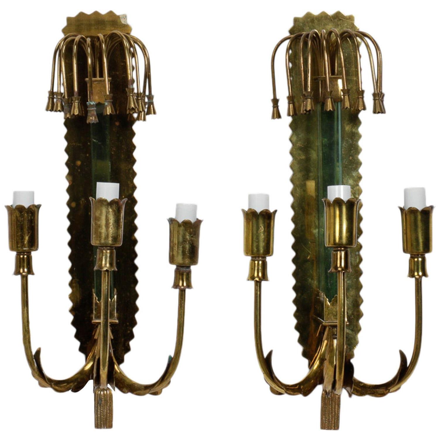 Mid-Century Brass and Glass Three-Light Sconces in Manner of Stilnovo