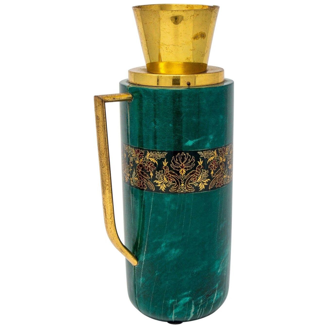 Italian Green Leather and Brass Decanter by Aldo Tura for Macabo
